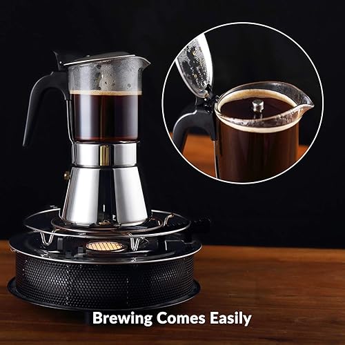 Vista 6 de Geesta Premium Olla de espresso para estufa con tapa de cristal - 4/6/9 tazas - Cafetera de acero inoxidable - 160ml/5.6oz/4 tazas