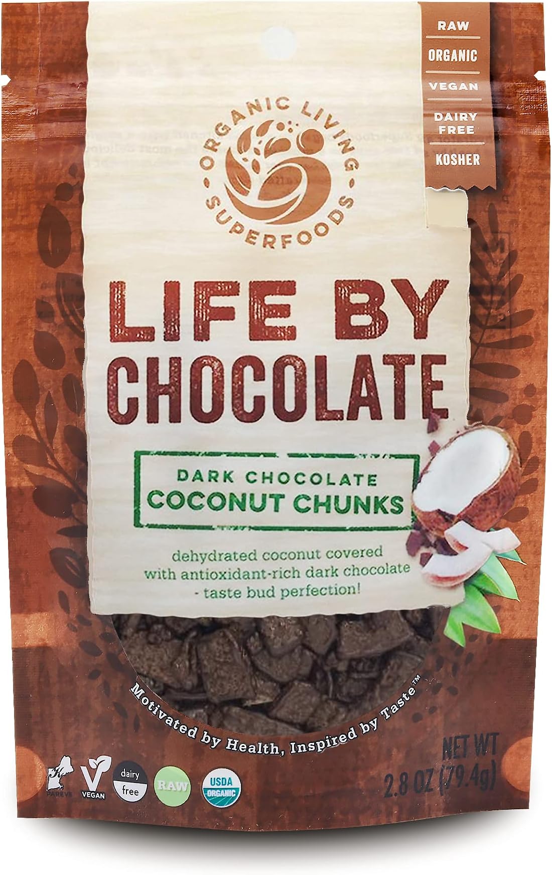 Organic Raw Dark Chocolate Covered Coconut Chunks (Pack of 1)