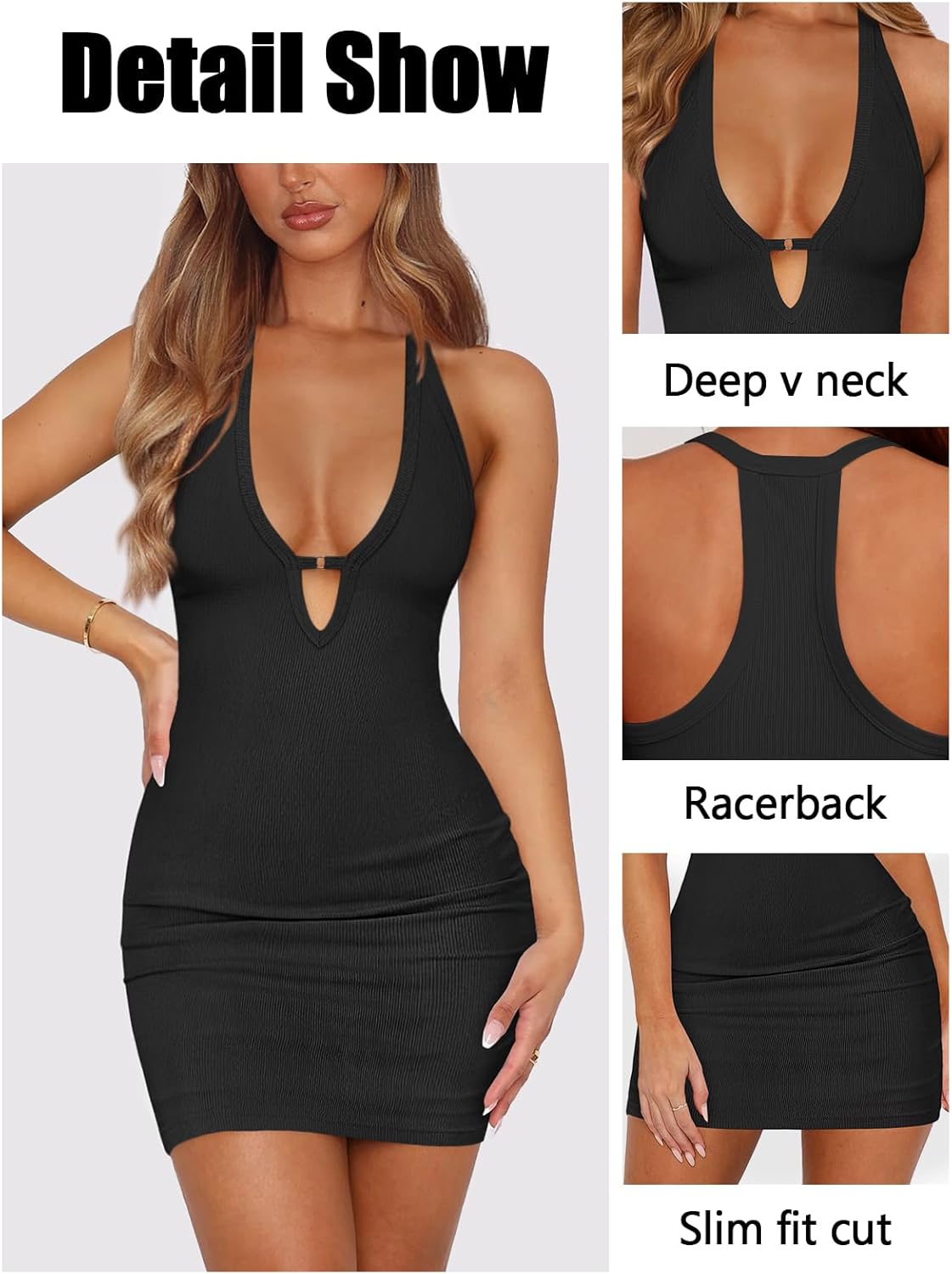 Womens Halter Bodycon Dresses for Women Deep V Neck Ribbed Tight Mini Dress Sexy Summer Fitted Going Out Short Dress - Image 4
