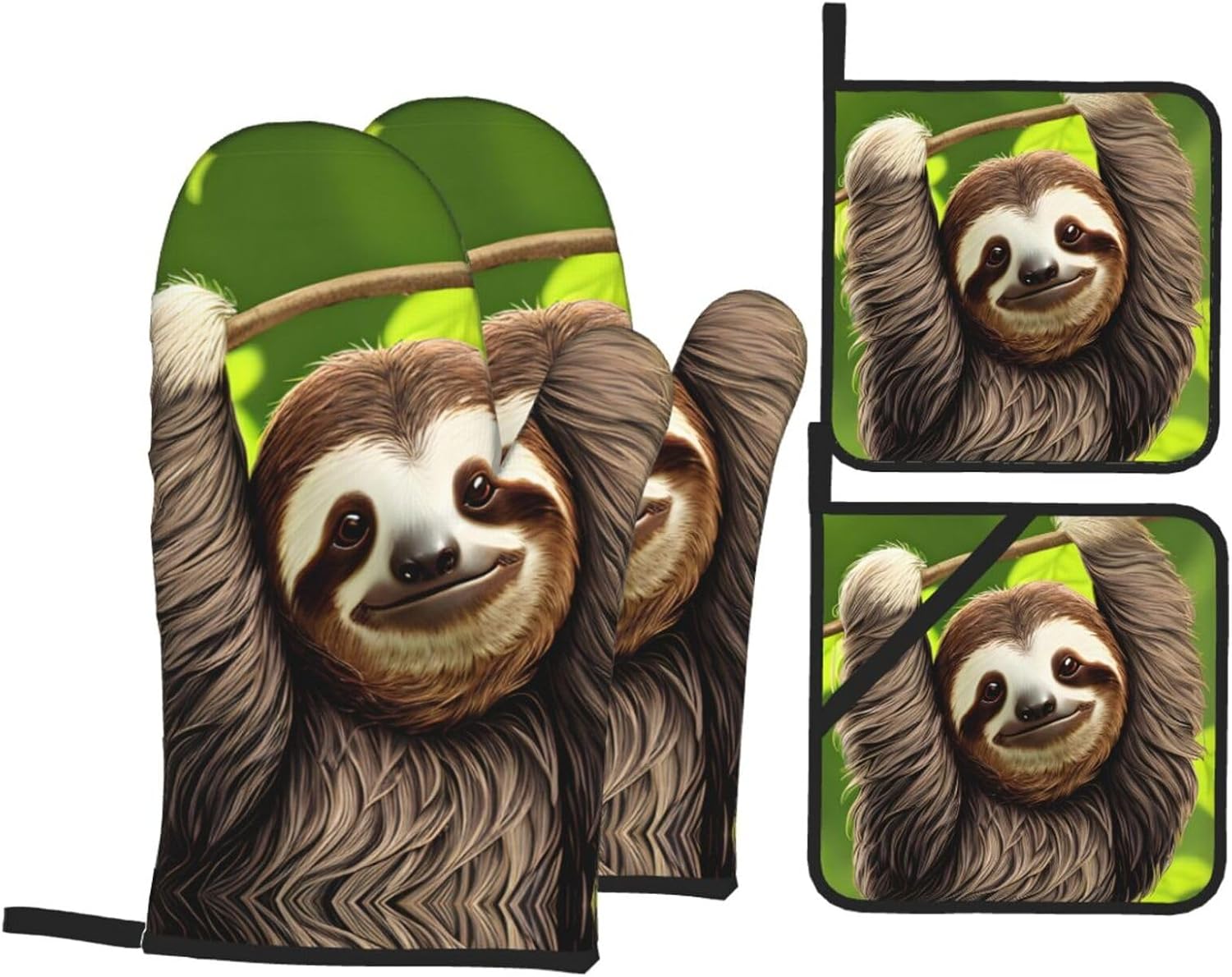 Cute Sloth Prints Kitchen Covers: Waterproof Oven Layers for Safe Cooking & Easy Cleanup - 4 Piece Heat Protection Set