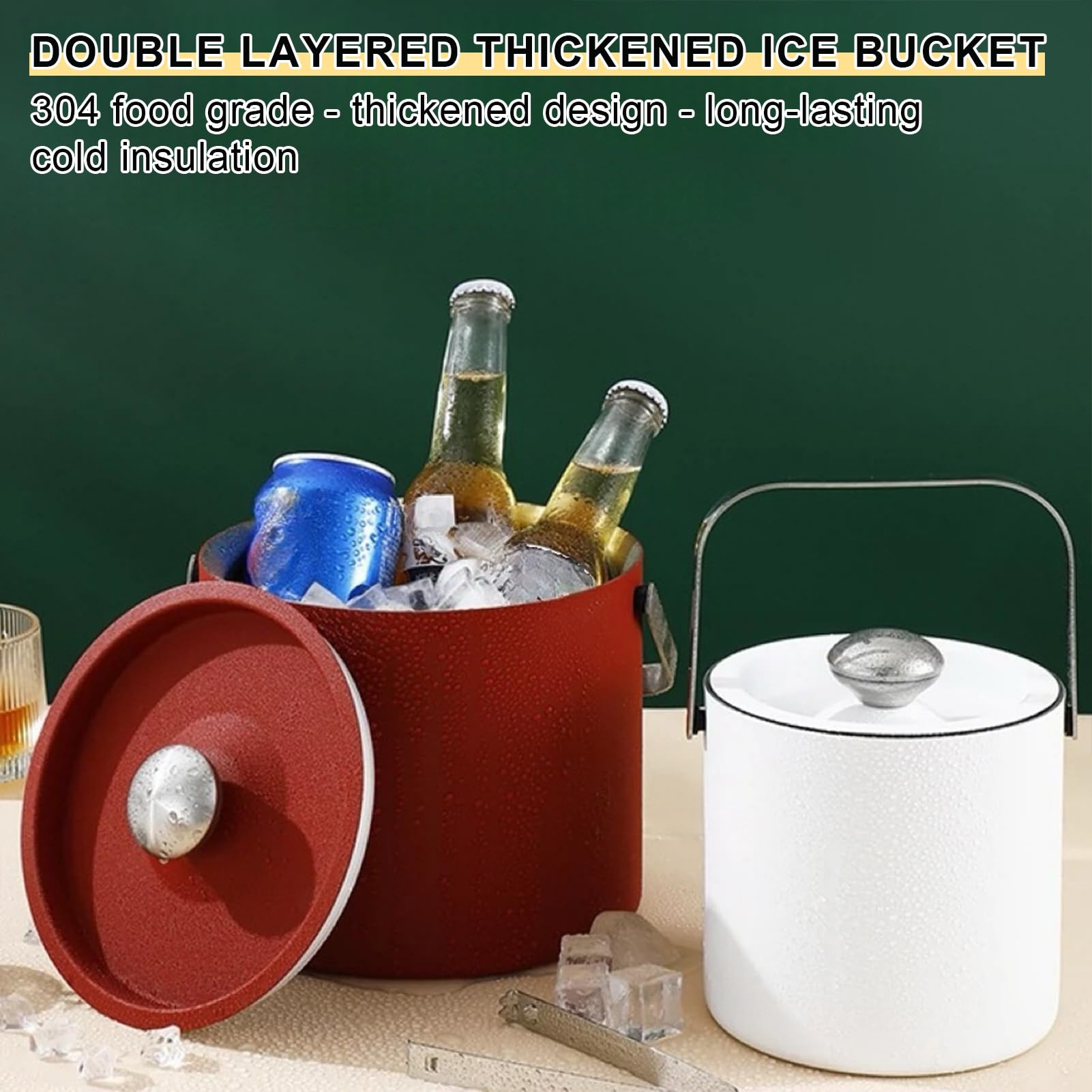 3L Double Paroi Seau à Glaçons Isotherme en Acier Inoxydable, Seau Champagne en Métal, Seau à Glacons Isotherme, Seau à Glaçons avec Couvercle Grattoir à Glace (Blanc)