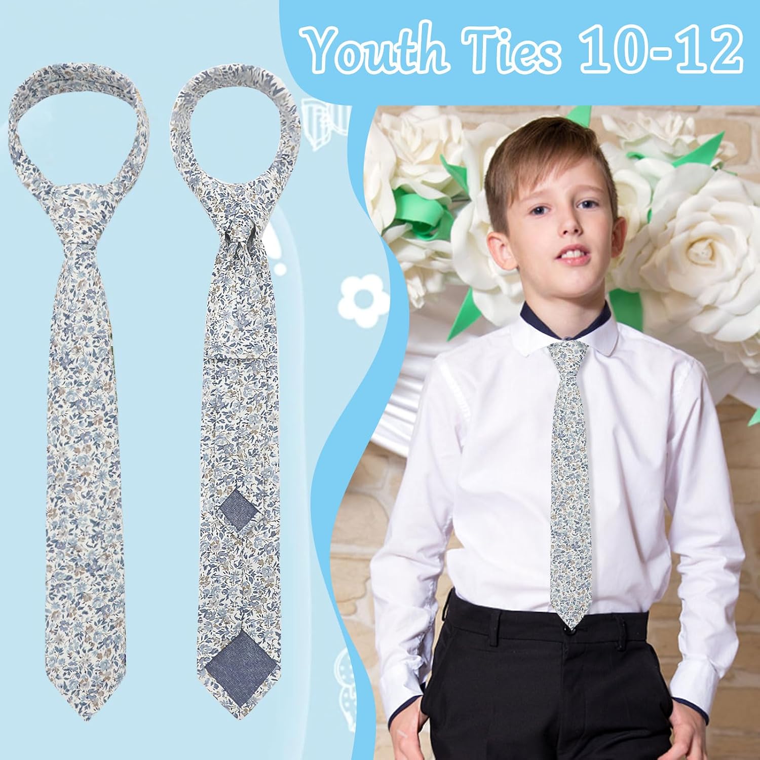 Luckyvestir Boys Floral Tie, Kids Cotton Ties 8 10 12 Years, Self-Tie Necktie for Wedding Graduation Uniform School Shirt