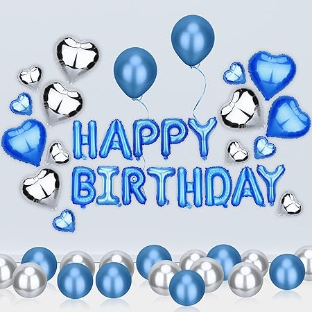 Amazon 53点 誕生日 飾り付け セット 誕生日 バルーン 16インチ Happy Birthday バルーン ハート型 アルミ膜 極厚 メタリック Hiyear 青い 銀色 風船 青い 銀色 風船 バルーン おもちゃ