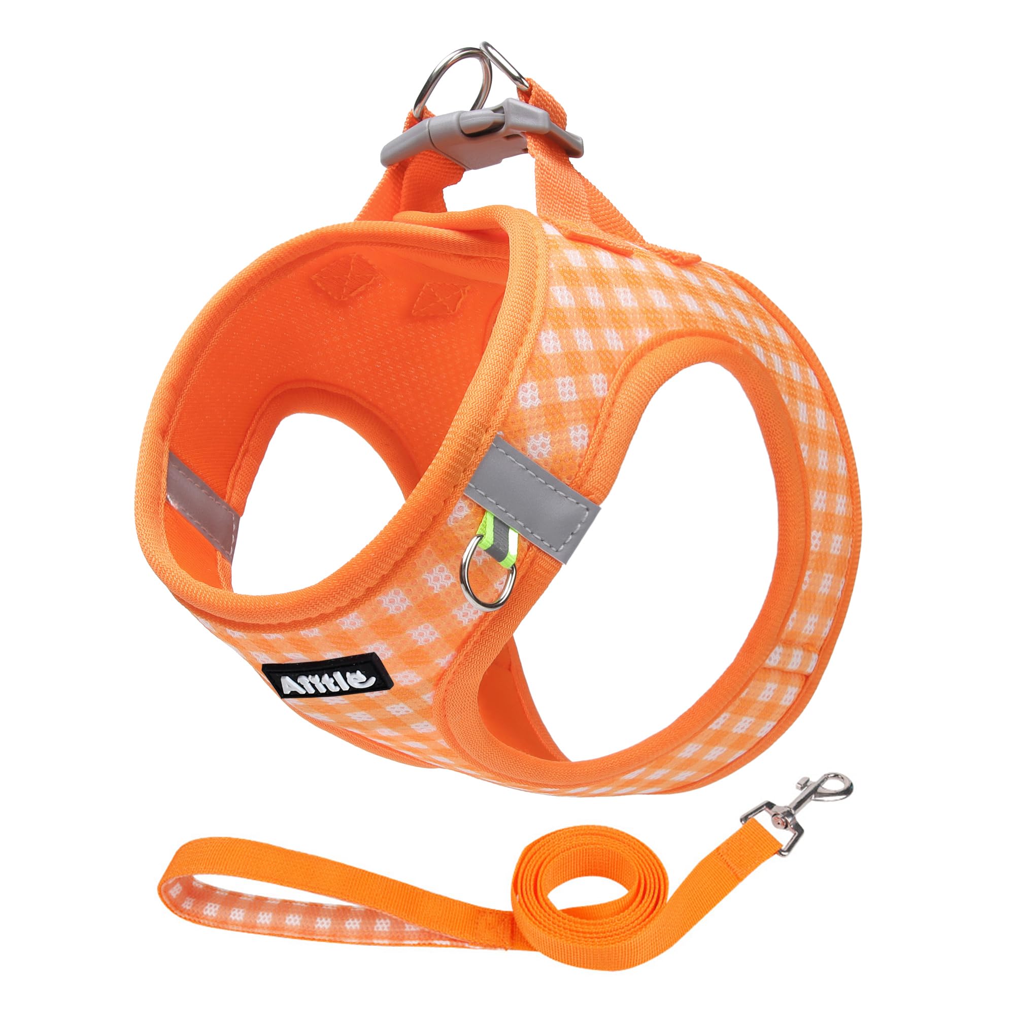 AIITLE Adjustable Dog Harness and Leash Set, Step in No Pull Pet Harness, Soft Mesh Reflective Plaid Vest Harnesses for Small Dogs Puppy and House Cats Outdoor Walking Running Orange XS