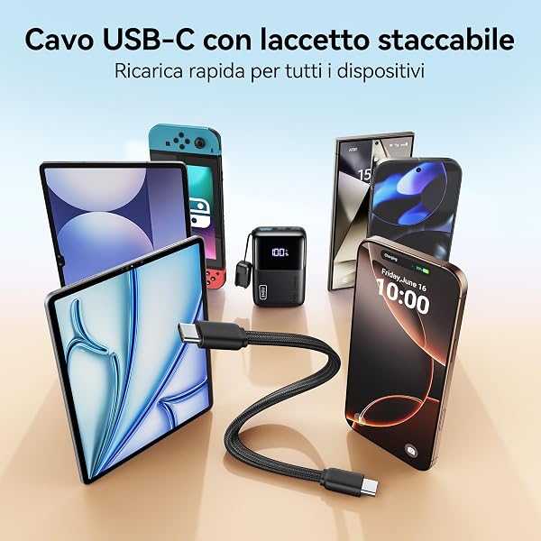 INIU Power Bank, 10000mAh Ultra Mini 45W Ricarica Rapida Powerbank con Cavo USB-C Collegato, Idoneo per Volo, Compatto ma Potente Caricatore Portatile per iPhone 17 16, Samsung S22, Xiaomi, iPad ecc. - 5
