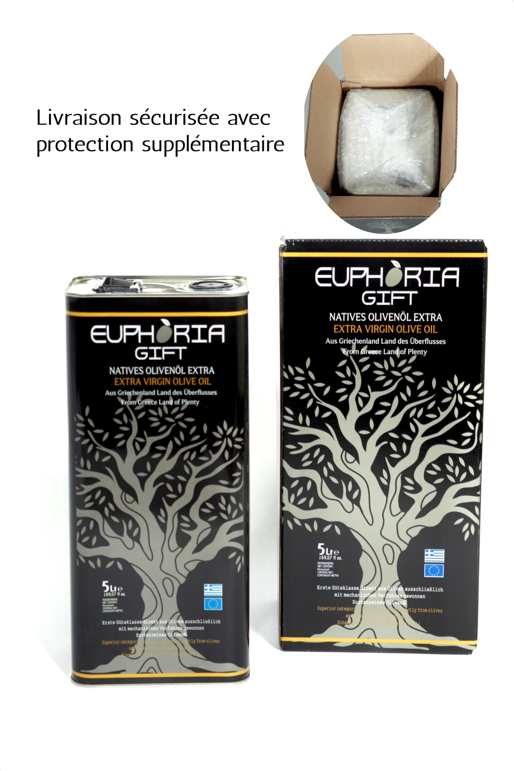 Euphoria Gift - Huile d'olive de qualité premium | Extra vierge de Grèce | Pressée à froid |Nouvelle Récolte 2025-2026|Première classe|Olives cueillies à la main|Bidon de 5 litres