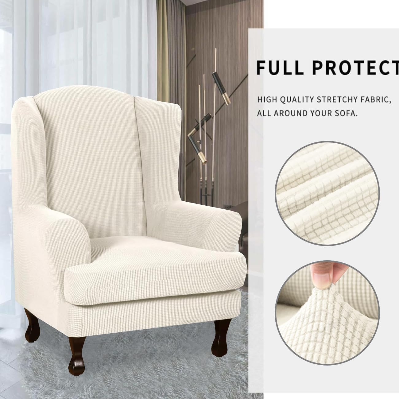 INFLAG Wing Back Chair Slipcovers, Stretch Spandex Wingback Chair Covers Sofa Slipcover Washable Chair Covers Armchair for Living Room and Bedroom (Beige)