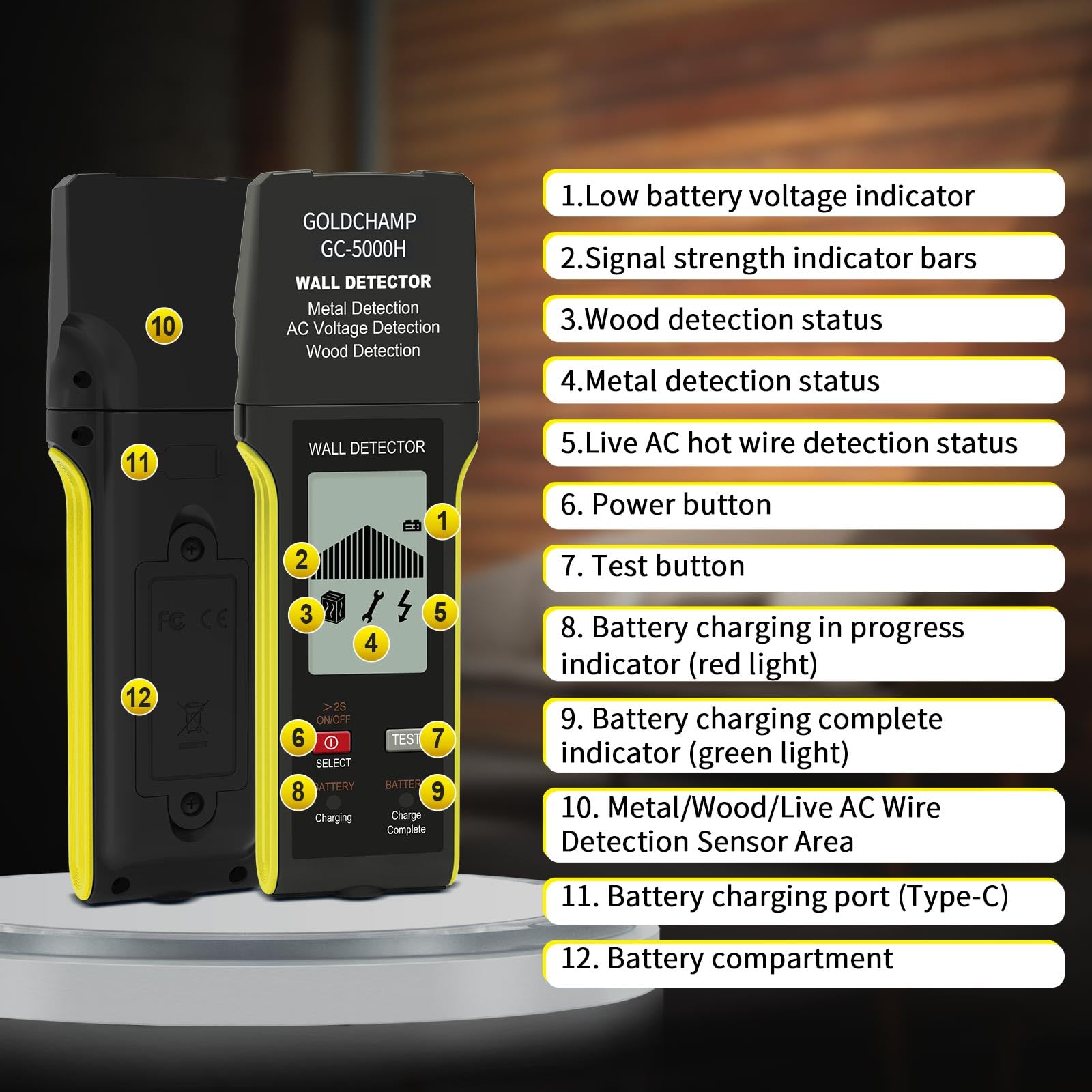 Leitungssucher für Wände, Elektronischer Leitungssucher Ortungsgerät mit LCD-Display und Akustischem Alarm für Metall, Holz, Kabel, Stromführende Wechselstromkabel, Bewehrungsstahl, Balken, GOLDCHAMP