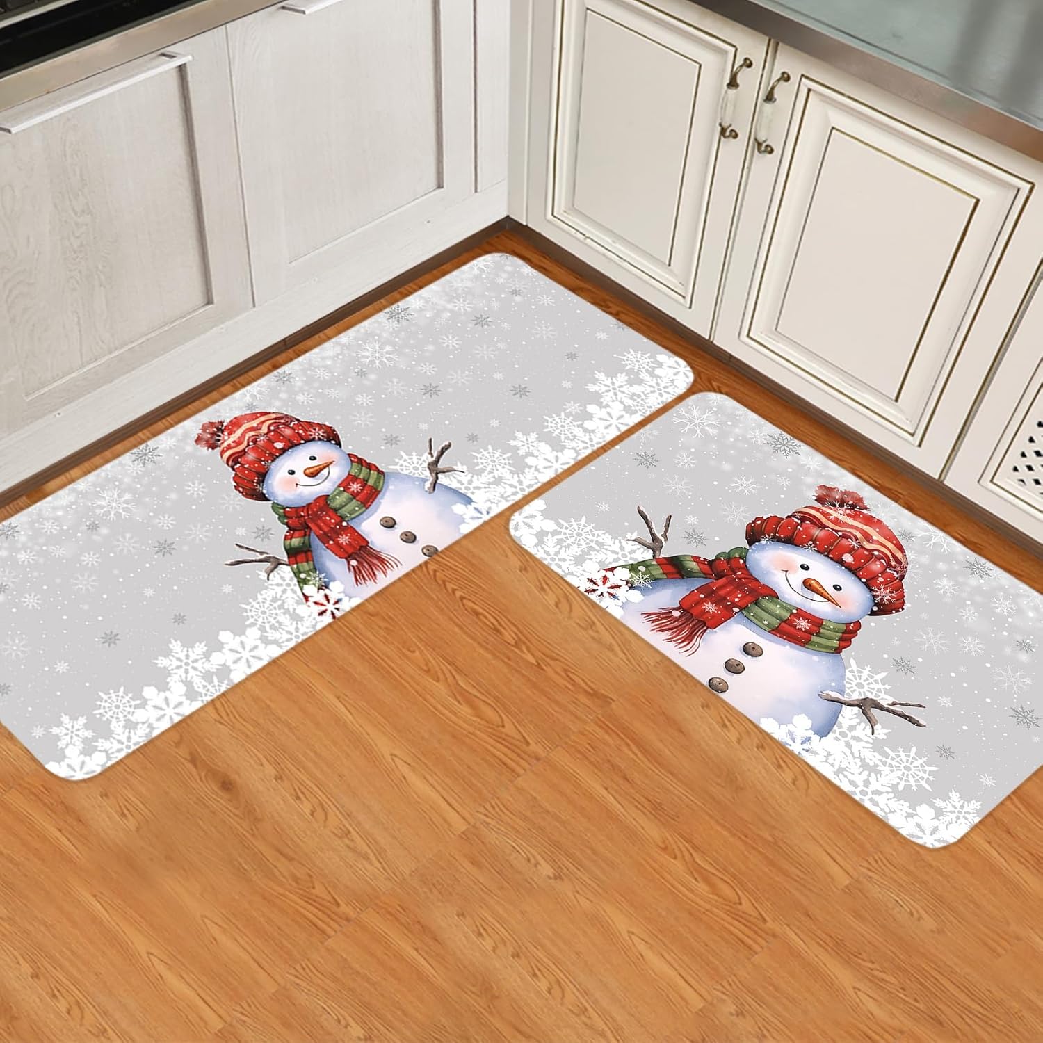 2 Piece Non-Slip Kitchen Mat Runner Rug Set Doormat Christmas Snowman with Cap Xmas Tree Snowflake Grey Door Mats Rubber Backing Carpet Indoor Floor Mat (15.7" x 23.6"+15.7" x 47.2")