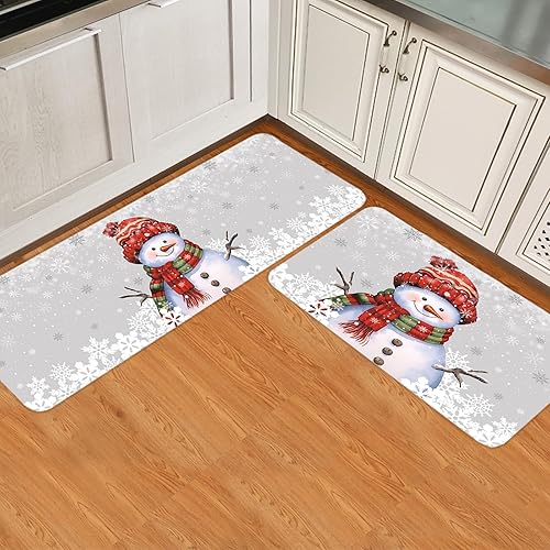 Miniatura 9 de Juego de 2 tapetes de cocina antideslizantes para puerta, tapete azul de muñeco de nieve con tapa, árbol de Navidad, copo de nieve, tapete con