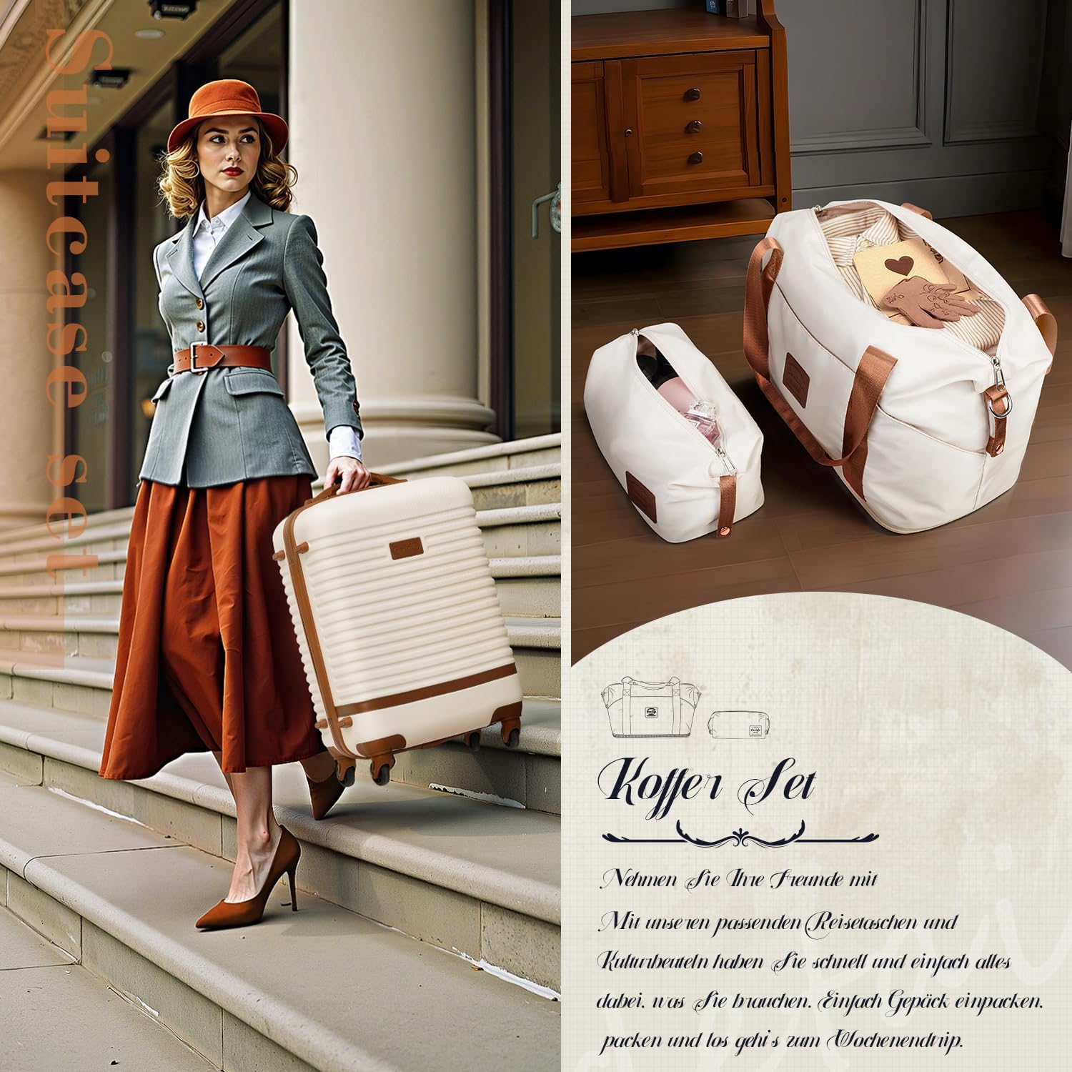 COOLIFE Koffer Set 5-TLG: S+M+L + Reisetasche | ABS Hartschale Leicht, 360° Räder & TSA-Schlösser Für Europa, Kreuzfahrt & Auslandsstudium – Familienurlaub Essentials Dunkelgrün/Braun