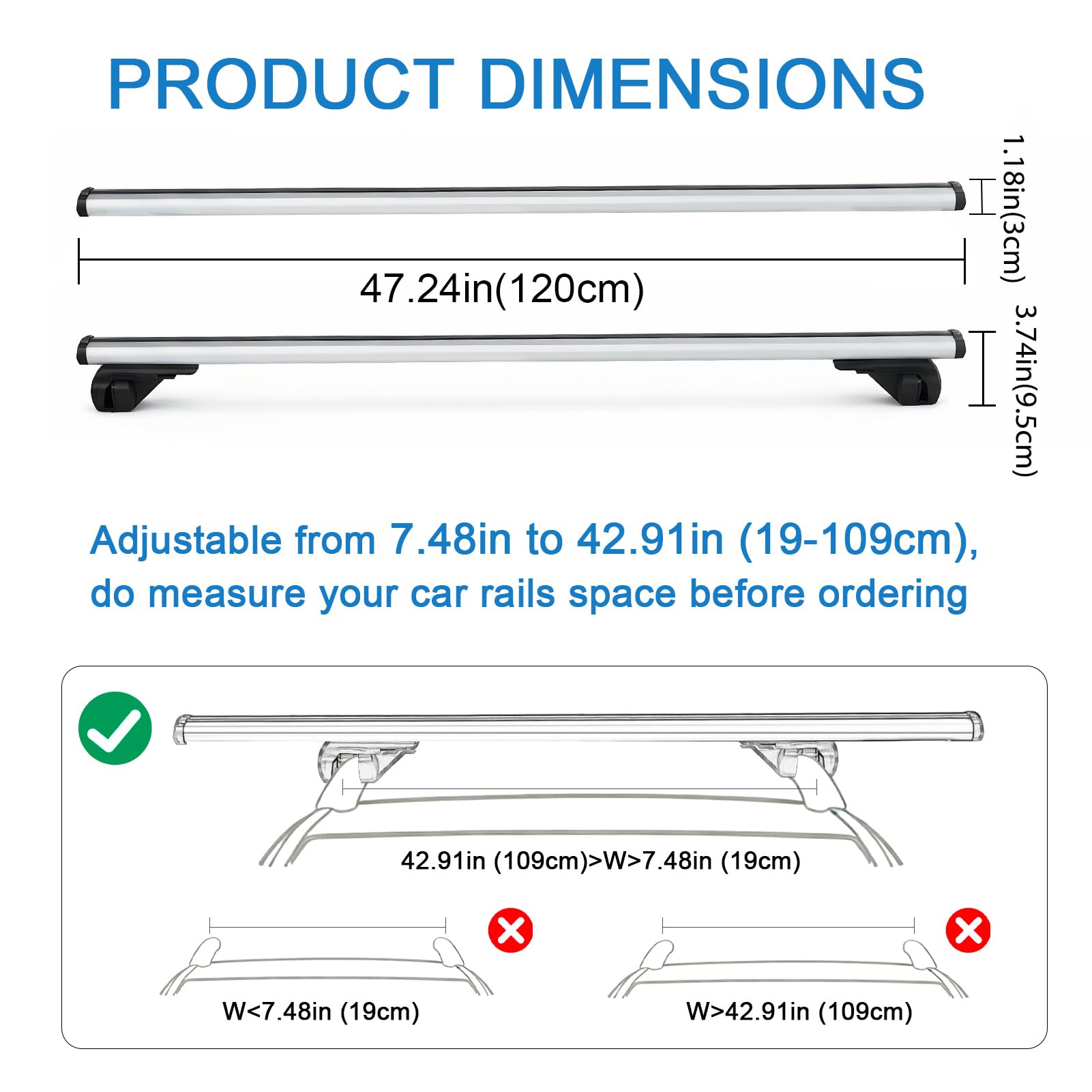 47,2" Barras Transversales Ajustables, Capacidad Carga 100kg, Baca Coche Universal Aluminio con Dispositivos Antirrobo, Portaequipajes para SUV con Rieles Laterales Elevados