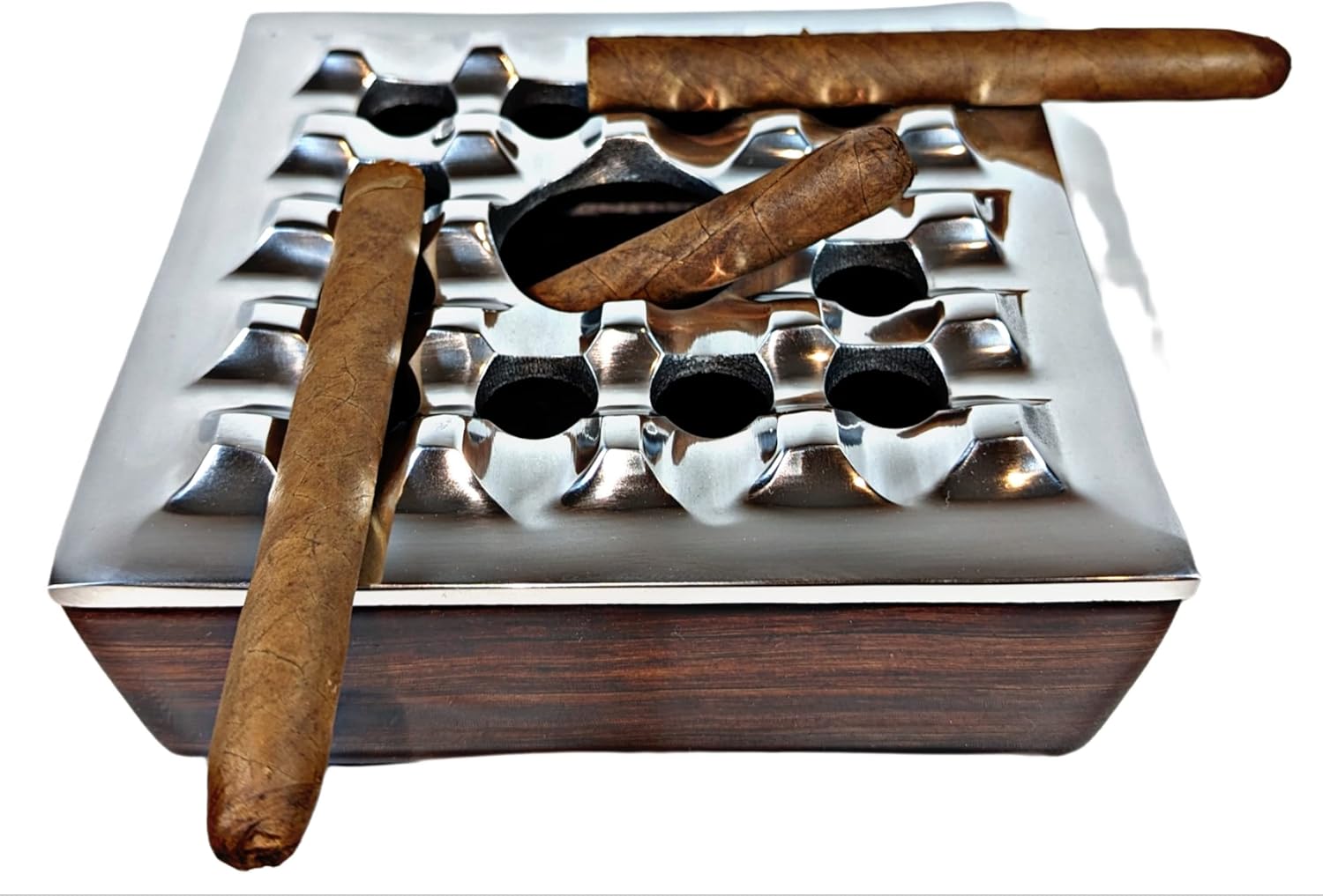 Ashtray with Lid for Cigar, Metallic Wood Design, Windproof Ashtrays for Home Office Tabletop Outside Patio Outdoor Balcony (7.0"x7.0"x2.5") (Silver)