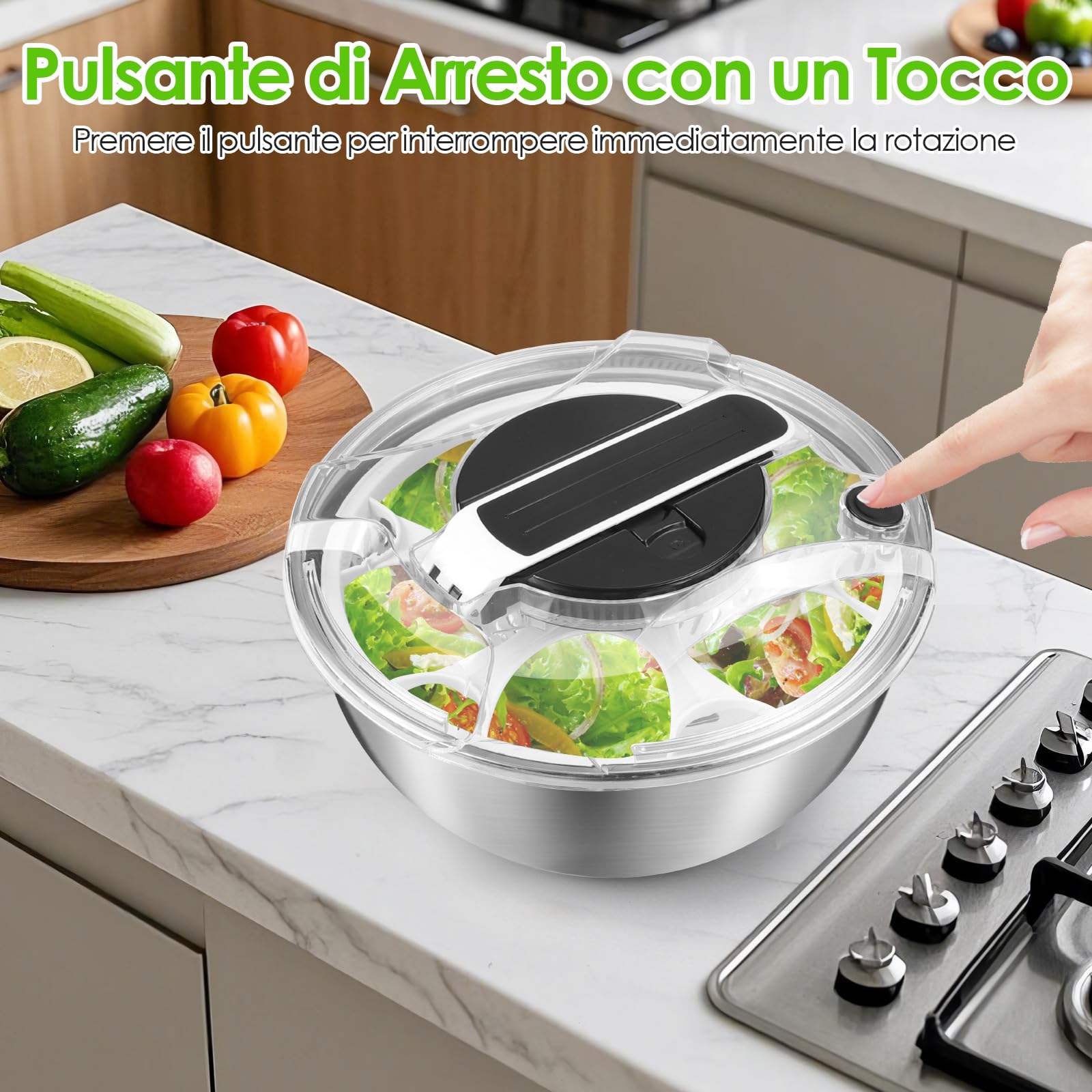 Centrifuga per Insalata 4,5L in Acciaio Inossidabile Grande, Asciuga Insalata Centrifuga, Base Antiscivolo, Lava Insalata Centrifuga per Lavare e Scolare Le Insalate, Scolare la Pasta, ECC.