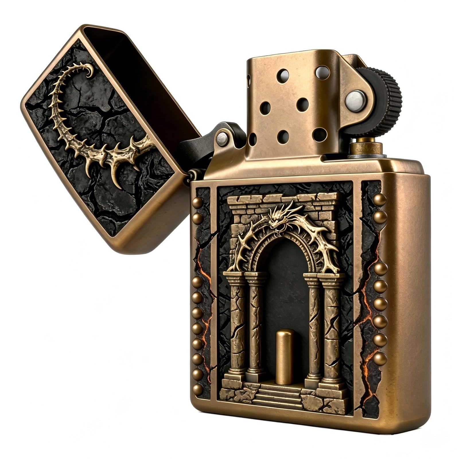 Vintage Dragon Gate Carved Kerosene Lighter Open Flame Reusable Flip Top Oil Lighter for Husband Boyfriend (C)
