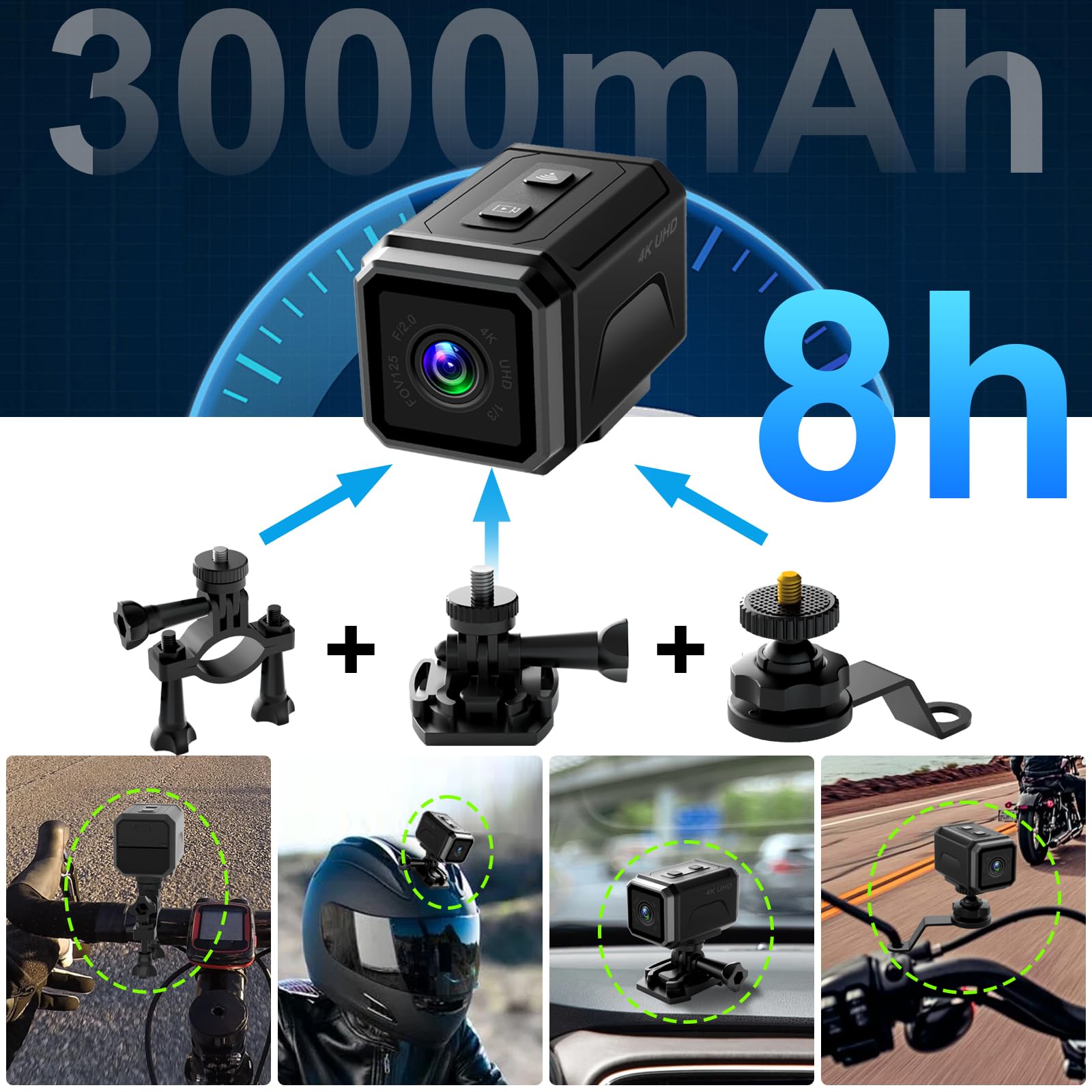 Pudet Luo Helmcamera, wifi, gyrogestabiliseerd, actiecamera, motorfiets, 7 uur opnametijd, 1080p HD en 120° ultragroothoek, actiecamera's, IP66 waterdicht, voor fiets/motorfiets