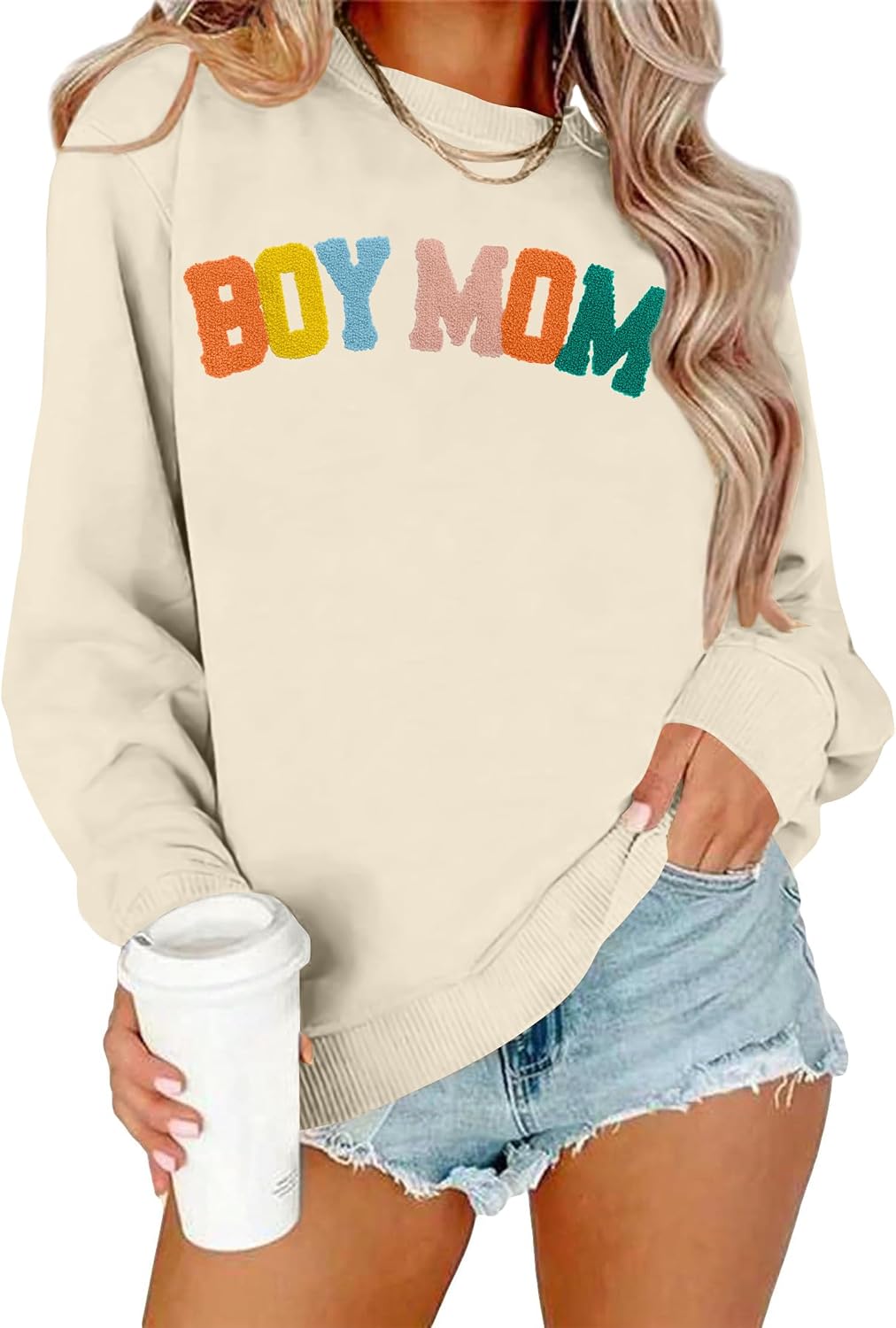 Boy Mom Sweatshirt Women Mama Sweatshirts: Mom Life Long Sleeve Shirt Boy Mom Gift Embroidered Crew Neck Pullover