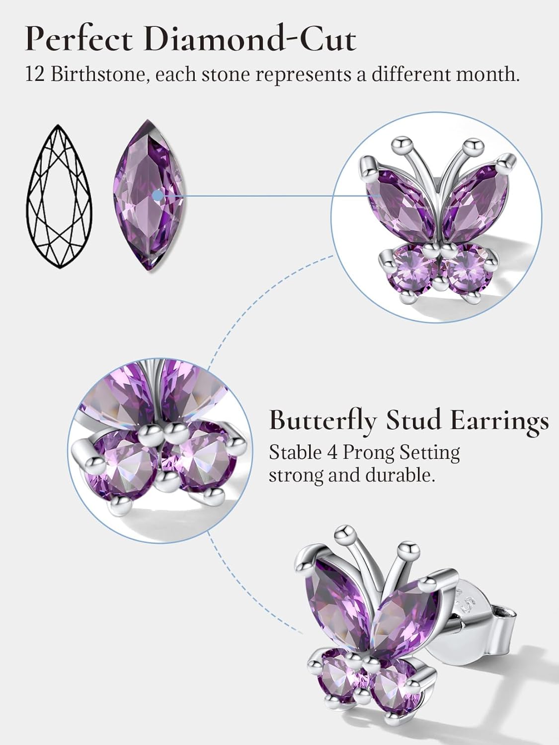 SILVERCUTE 925 Sterling Silver Butterfly Earrings for Women,Butterfly Birthstone Stud Earring/Ear Cuffs,Hypoallergenic Birthday Earrings for Women - Image 4