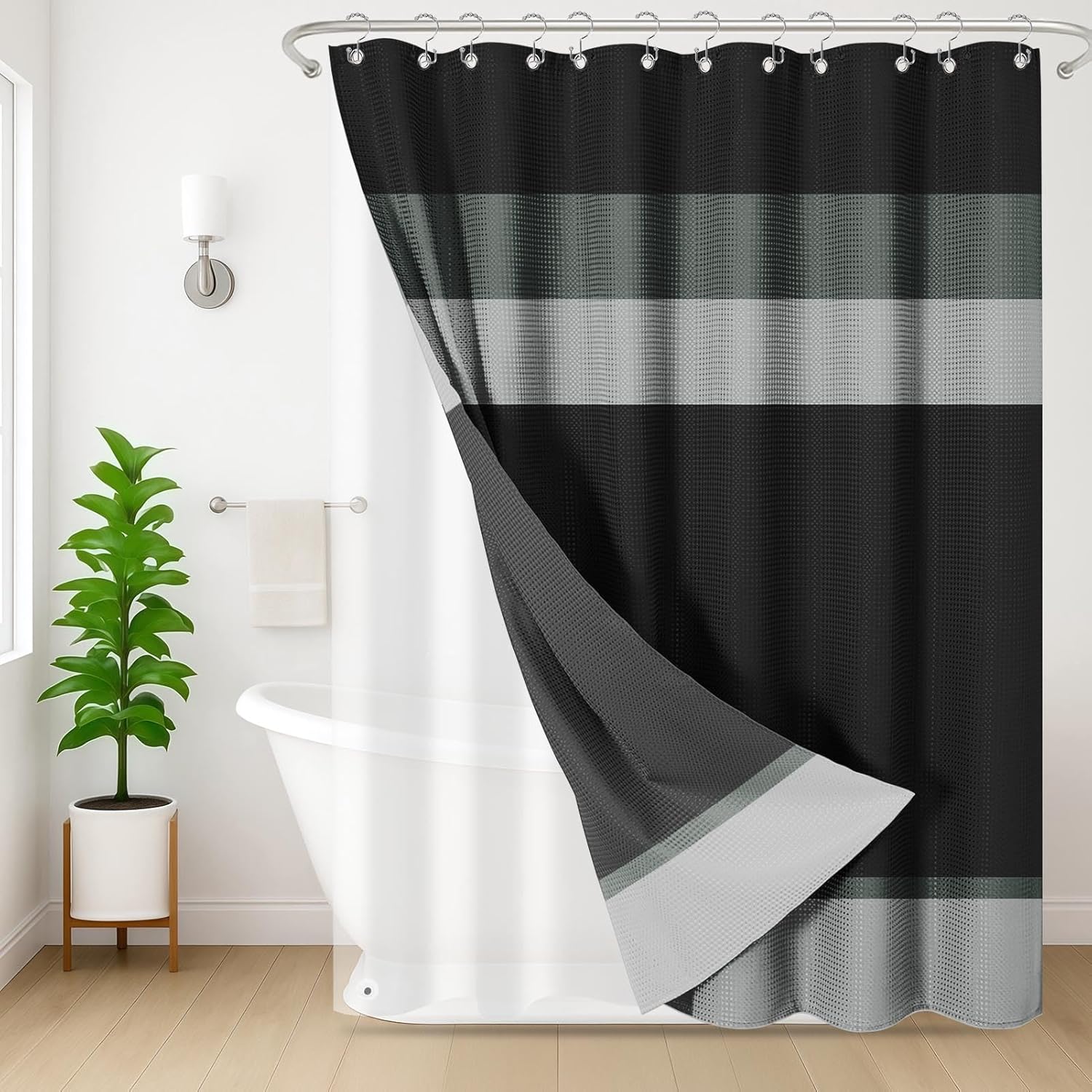 Shower Curtain and Liner, Black and Grey Striped 3 in 1 Shower Curtain and PEVA Liner Set with 12 Rust-Resistant Metal Hooks, Waterproof Fabric Shower Curtains for Bathroom, 72 W x 72 H