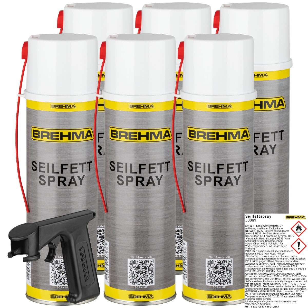 6x BREHMA Seilfett Spray 500ml Fettspray Sprühfett Kettenspray mit Griff