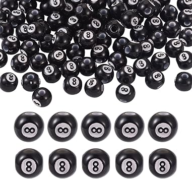 FASHEWELRY 100Pcs Acrylic Round Billiards Beads Black Chunky Bubblegum Ball Beads Round with Number 8 Beads for DIY Home Party Decor Crafts Making, Hole 4mm