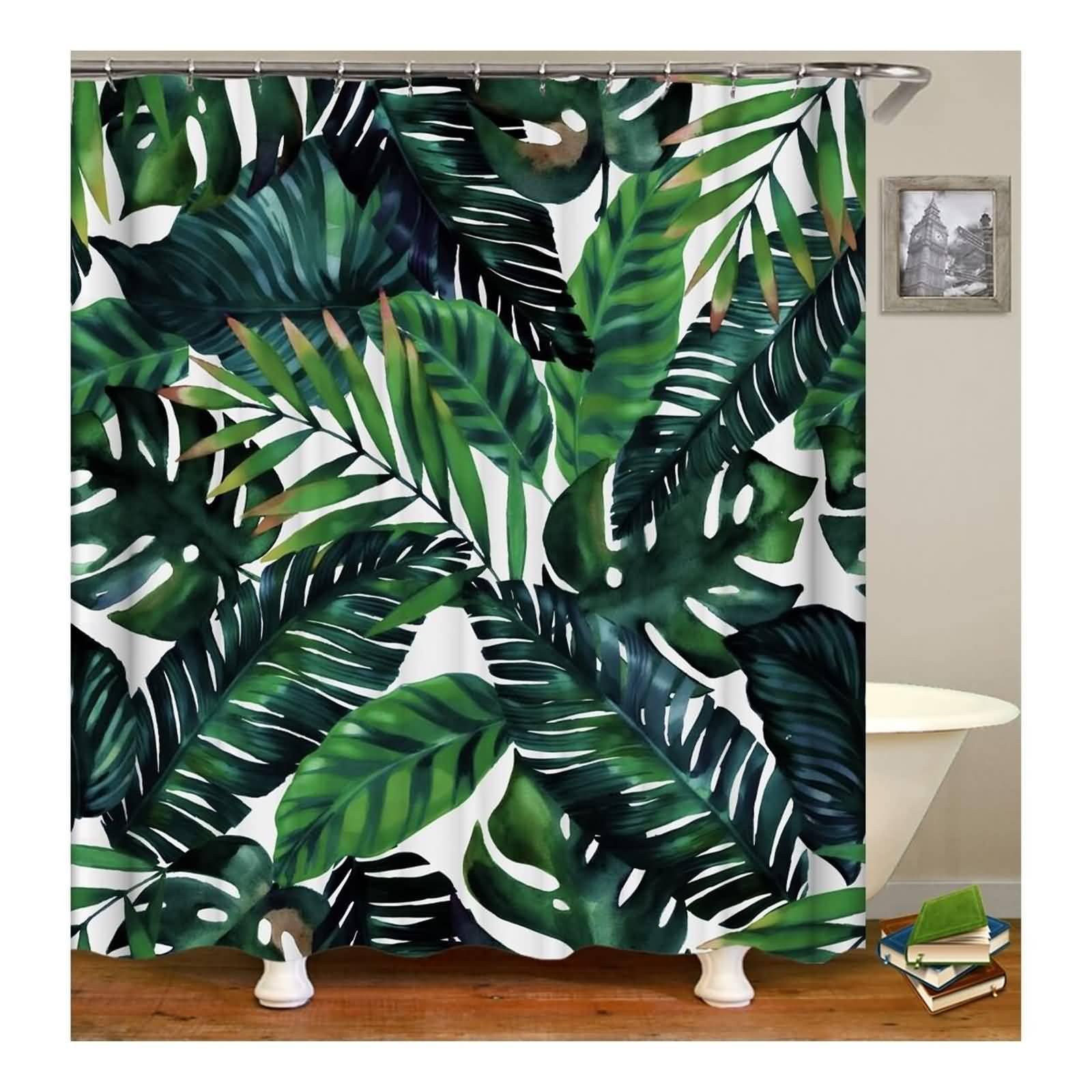 Duschvorhang Antischimmel Waschbar, 165x180cm Polyester Tropische Bananenblätter Muster Duschvorhang für Badewanne, Dunkelgrün