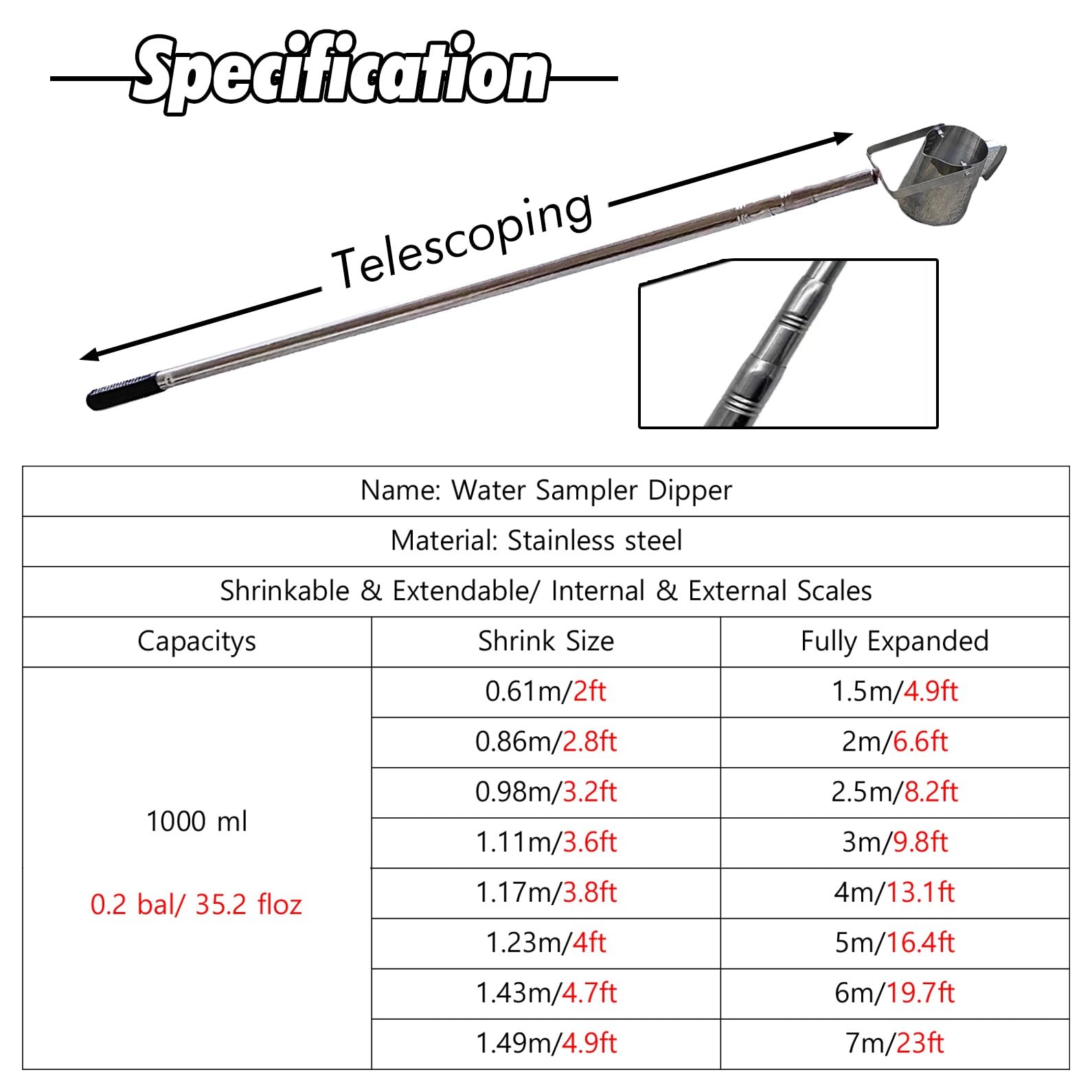 SRNSAEB Campionatore d'Acqua telescopico da 1, 2, 3, 4, 5, 6, 7 m, Confezione da 5, 4, 3, 2, 1, Bicchiere per campionamento a Pendolo/Tazza per campionamento d'Acqua(1 pc,1.11m/3.6ft-3m/9.8ft)