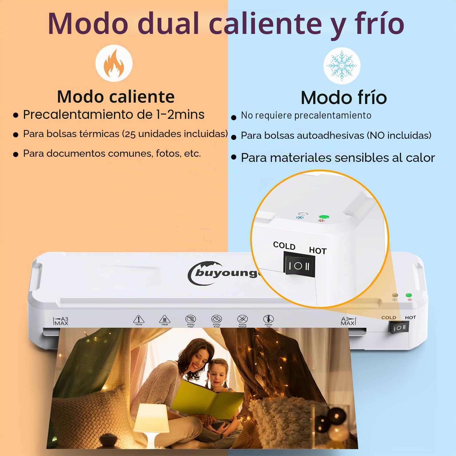 Buyounger Plastificadora A3, 6 en 1 con Guillotina, Maquina Plastificadora A3/A4/A5/A6, 30 Bolsas, Laminado en Frío y Caliente, para La Escuela, La Oficina y el Hogar