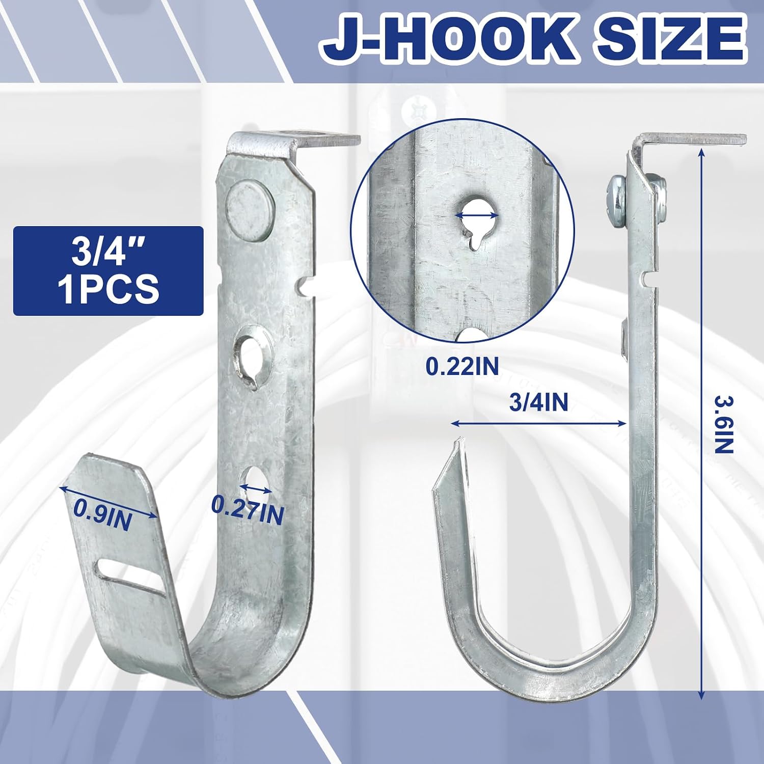 Zonon 1 Pcs J Hooks Ceiling Mount Metal J Hooks Support Heavy Duty G60 Galvanized Steel Cable Management for Hanging Attaching to Vertical Surfaces, Ul Certification Ceilings Beams (3/4 Inch)