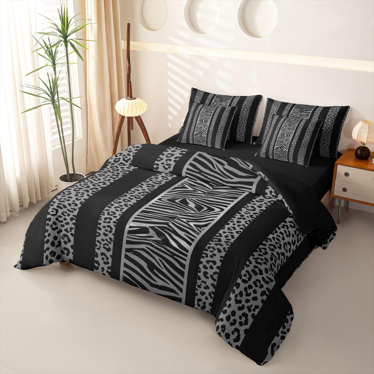 Loussiesd Juego de funda de edredón tamaño Super King con estampado de leopardo y cebra, juego de ropa de cama de 7 piezas para niños y niñas, estampado de guepardo, color negro y gris, cama en una
