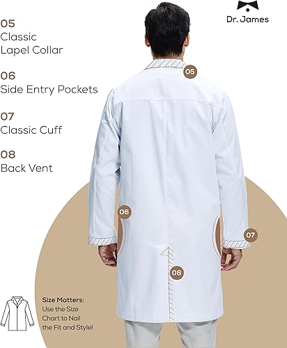 Miniatura 3 de Dr. James Abrigo de laboratorio unisex de primera calidad 100% algodón para hombres y mujeres, bolsillos para teléfono y tableta, ajuste clásico,