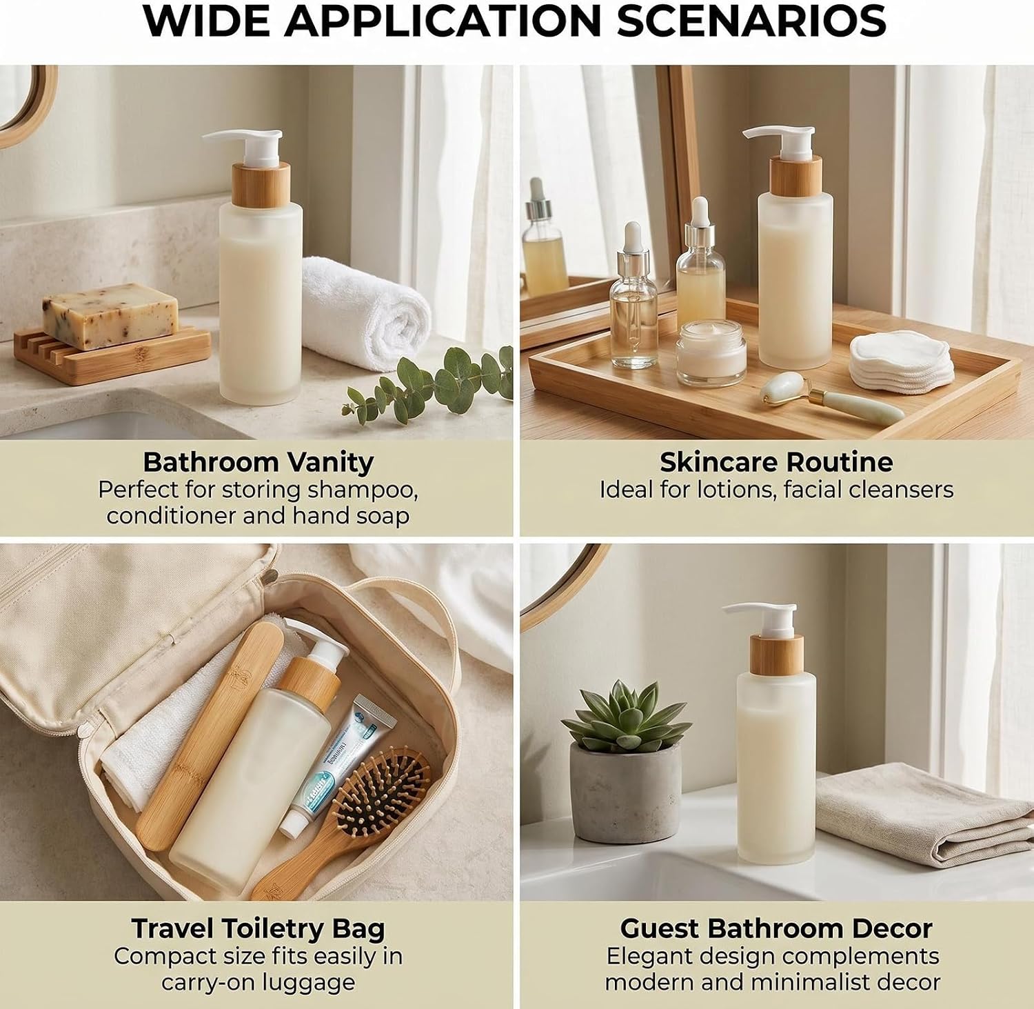 100ml/3.3oz Empty Refillable Frosted Glass Pump Bottle with Bamboo Pump, Leak Proof Face Wash Dispenser, Press Lotion Dispenser for Shampoo Hair-Conditioner Bathroom