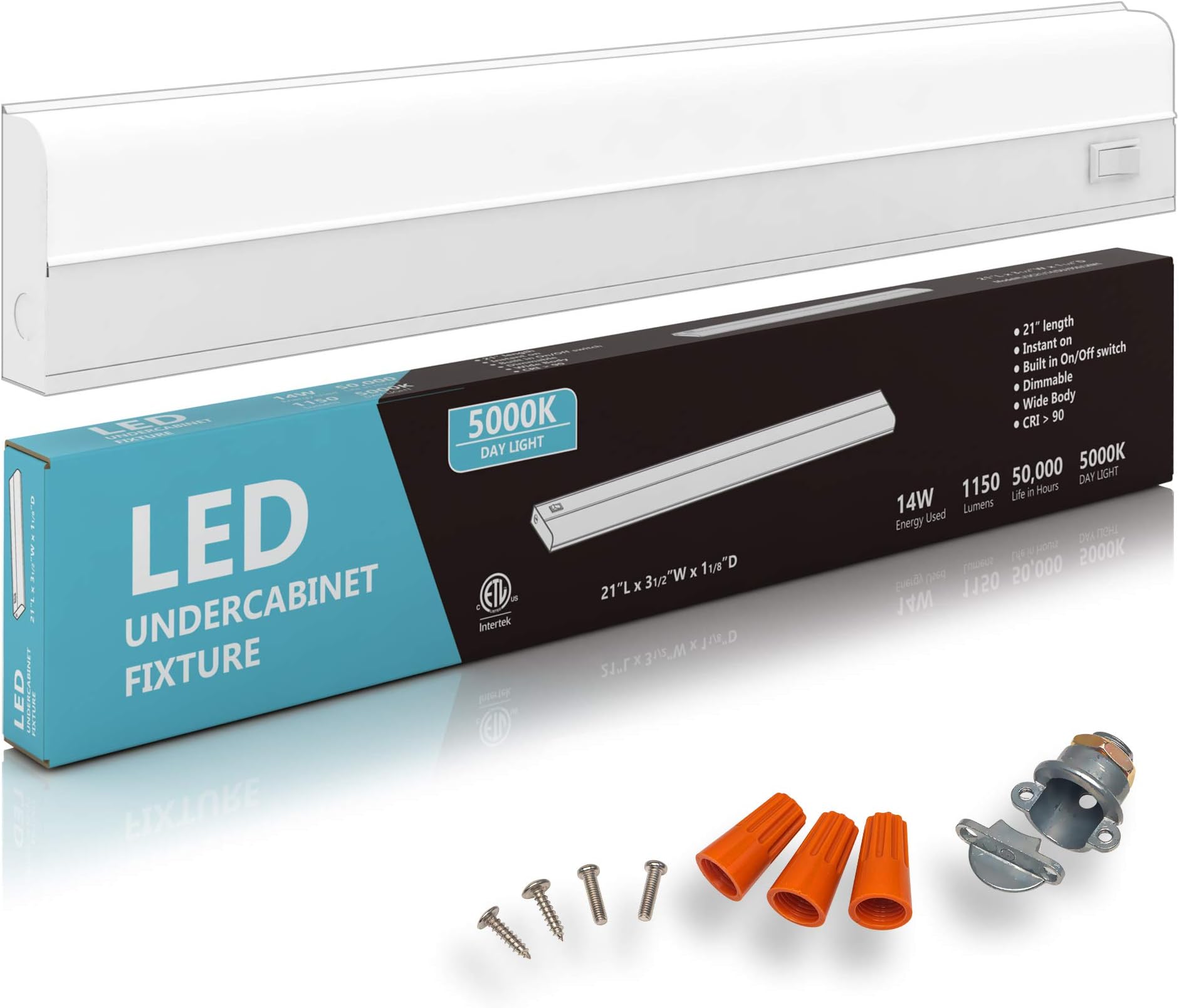 Hardwired LED Under Cabinet Task Lighting - 14 Watt, 21", Dimmable, 5000K (Day Light), Wide Body, Long Lasting Metal Base with Frost Lens