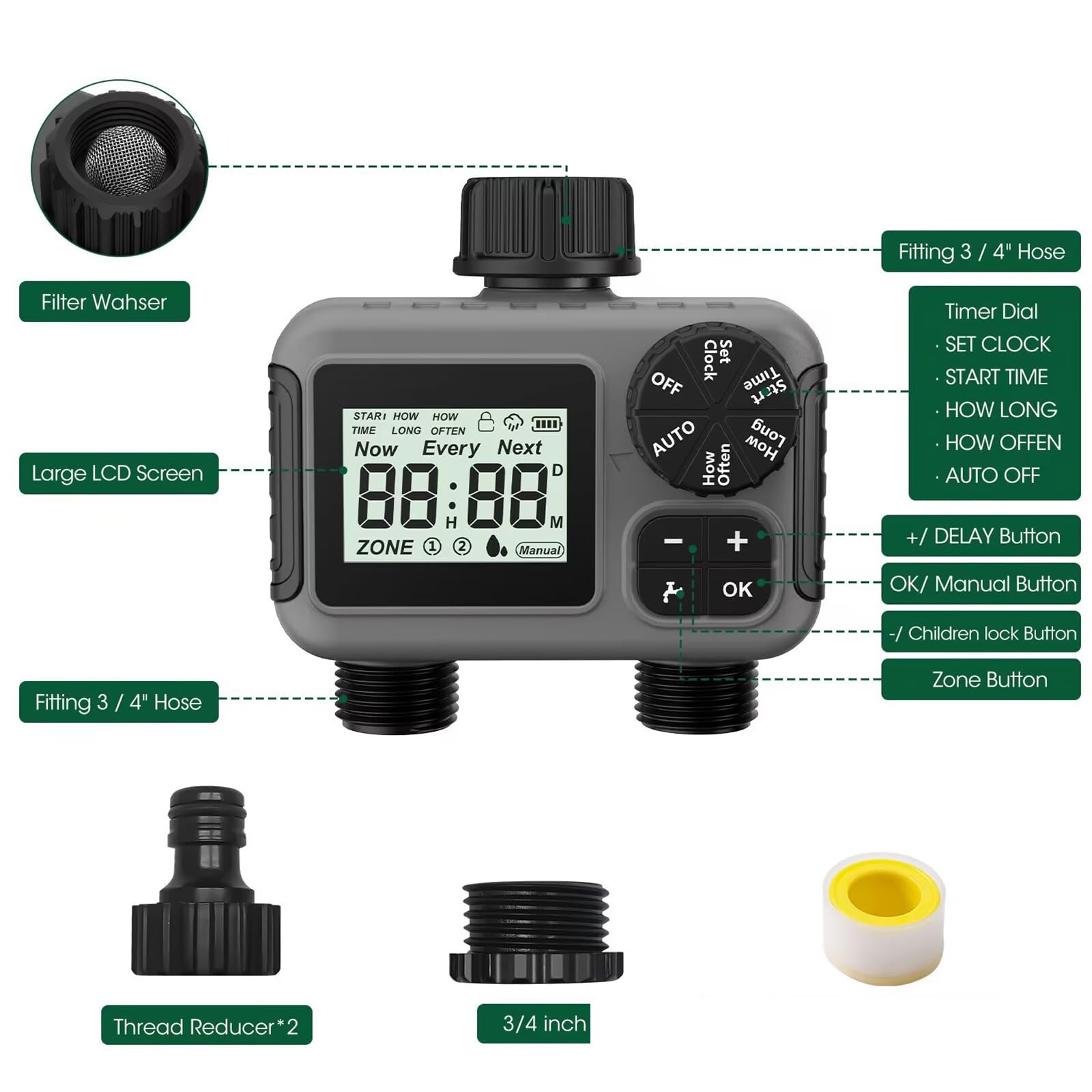 Timer automatico per irrigazione a 2 zone per individui impegnati e appassionati di giardino domestico efficiente conservazione dell'acqua