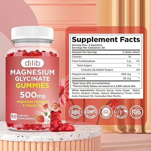 Miniatura 7 de Gomitas de glicinato de magnesio de 500 mg para adultos y niños, suplemento de magnesio con vitamina B6, gomitas calmantes naturales, apoyo para el