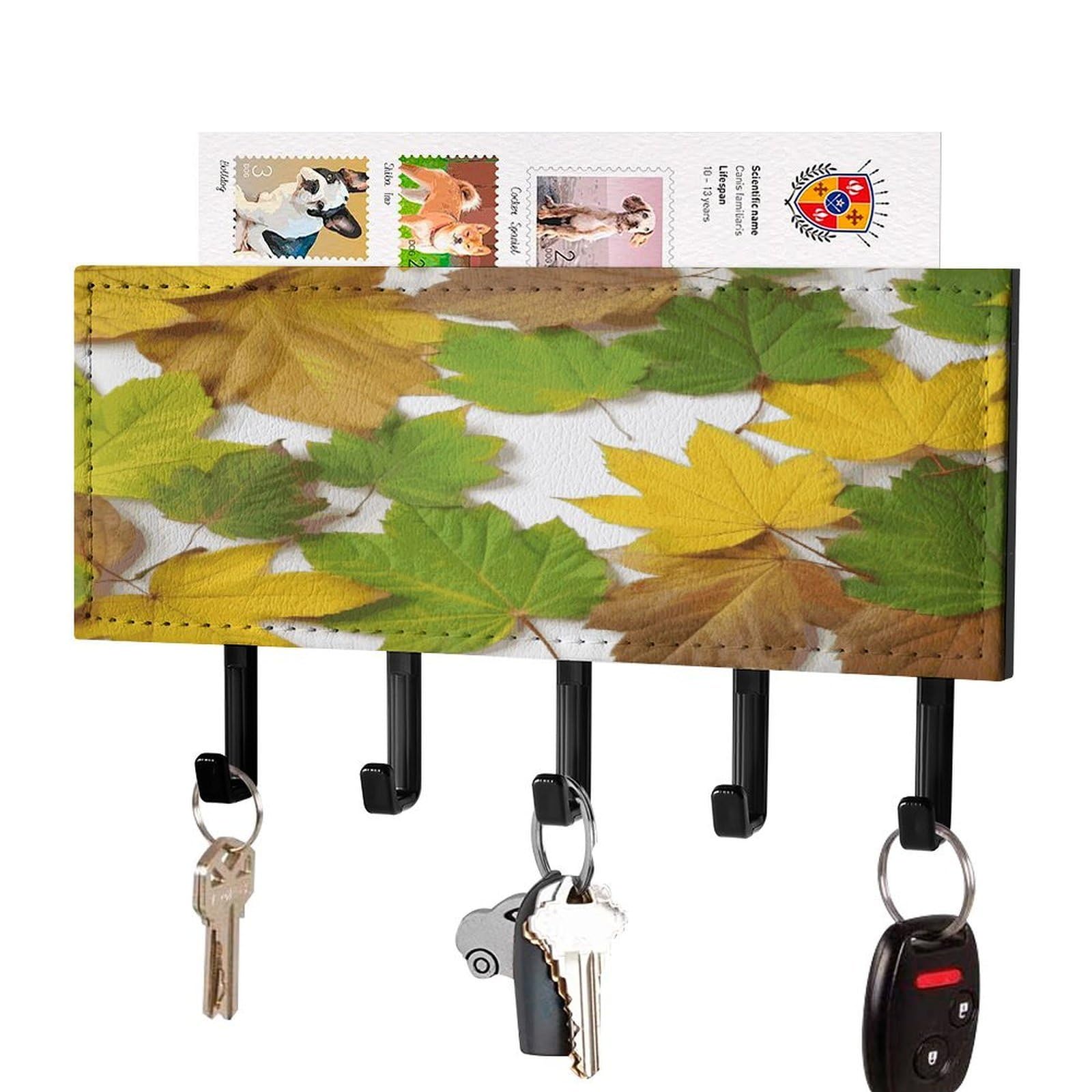 Fekiloot Black-Style Leaves Key Holder Wall Mount Key And Mail Holder Key Hanger With 5 Hooks Decorative Pu Key Rack Hanging Key Hooks For Wall Living Room Kitchen Bathroom Hallway
