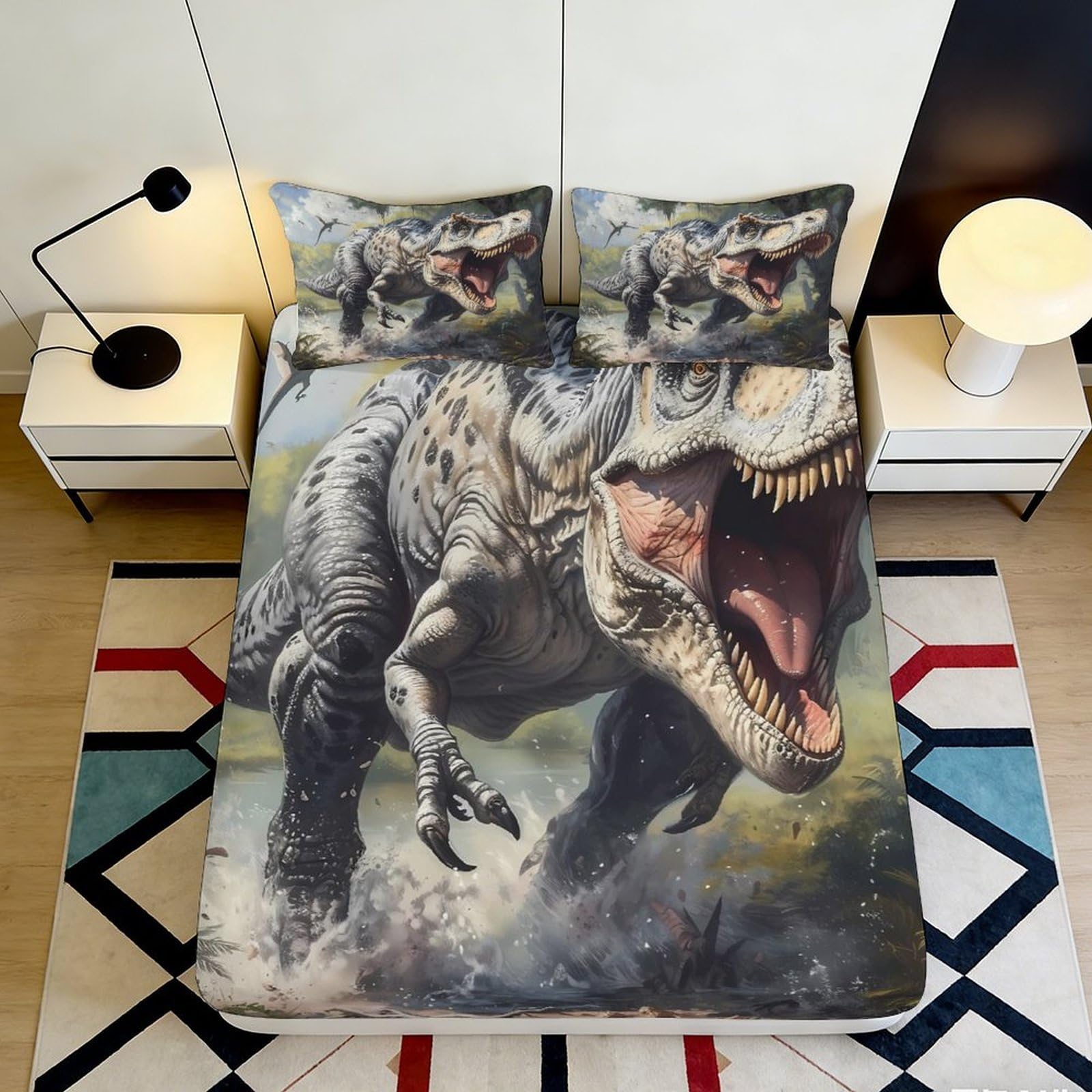 3D Printed Dinosaur Fitted Sheet Microfiber Soft Breathable Jurassic Bed Cover for Bedroom Dormitory Guest Room Mattress Protection Decor 90x200x25cm