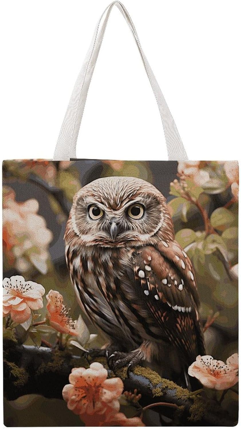 Canvas Tote Bag 16x15 In Lightweight Foldable Shoulder Hobo Purse | Owl And Flower, Casual Tote with 10" Strap, Everyday Carryall, for Travel Work Grocery Shopping Beach Mark Gym Yoga