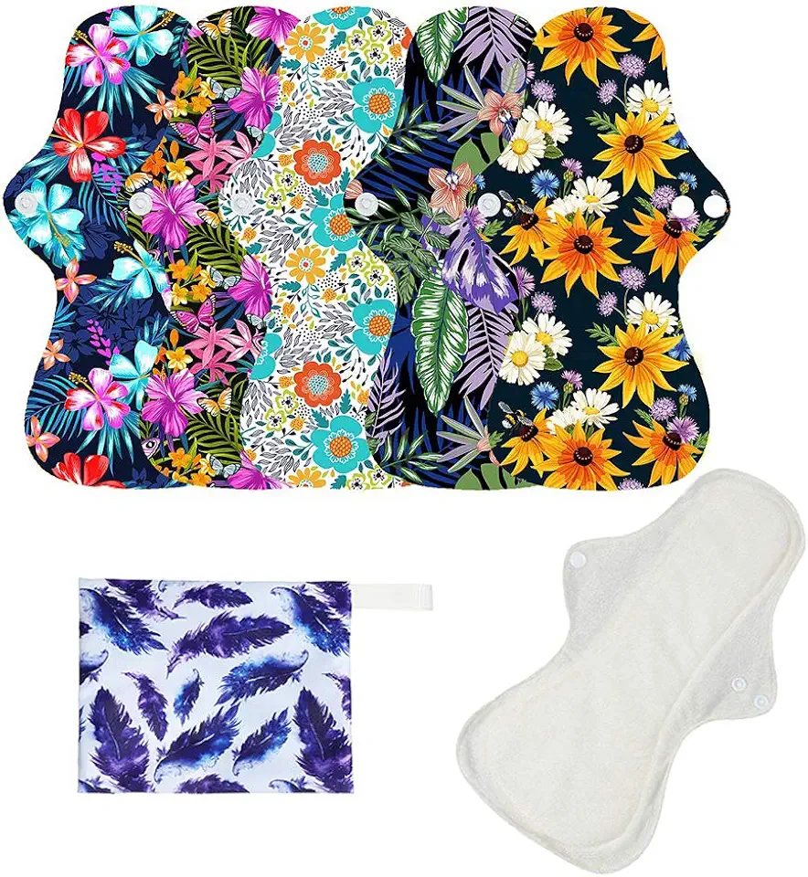 6pcs/Set Resuable Washable Incontinence Pads, Waterproof Organic Bamboo Resuable Menstrual Pads Sets, Including 5pcs Heavy Flow Cloth Mama Sanitary Napkins + 1pc Mini Wet Bag