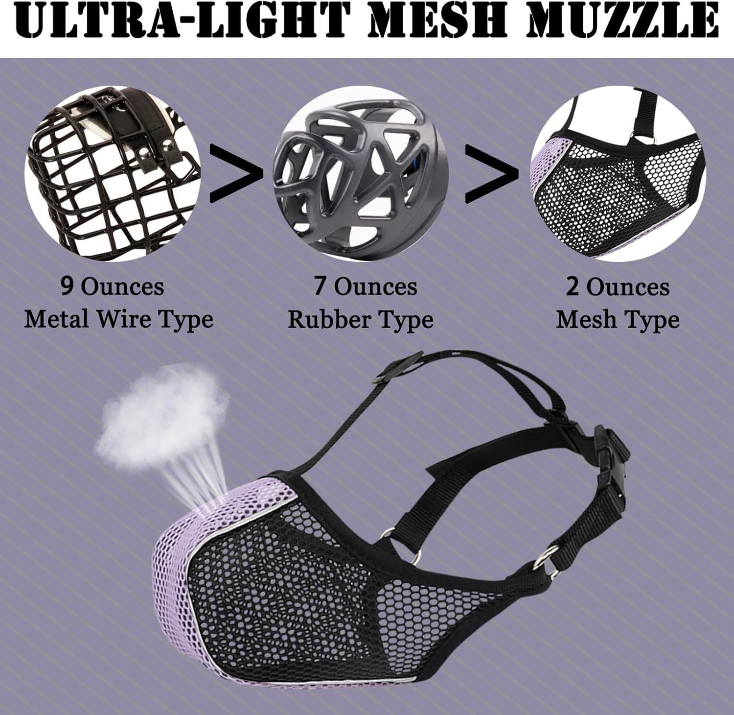 Mesh Dog Muzzle with Matching Collar(Black/Grey, M) and Mesh Dog Muzzle with Matching Collar(Black/Purple, M) Set for Medium Large Dogs to Prevent Scavenging