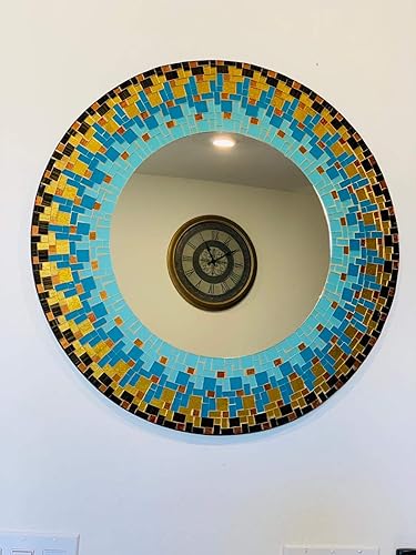Miniatura 3 de Espejo de mosaico, decoración artística de pared, espejo de pared decorativo hecho a mano, turquesa, marrón, gris oscuro y espejo de mosaico de