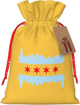 AMZJHGWEU Chicago Flag Skyline Christmas Gift Bags, Santa Wrapping Bags, With Drawstring And Tags Reusable, Xmas Presents Bag, Holiday Party Favors, Birthday & Christmas Gift