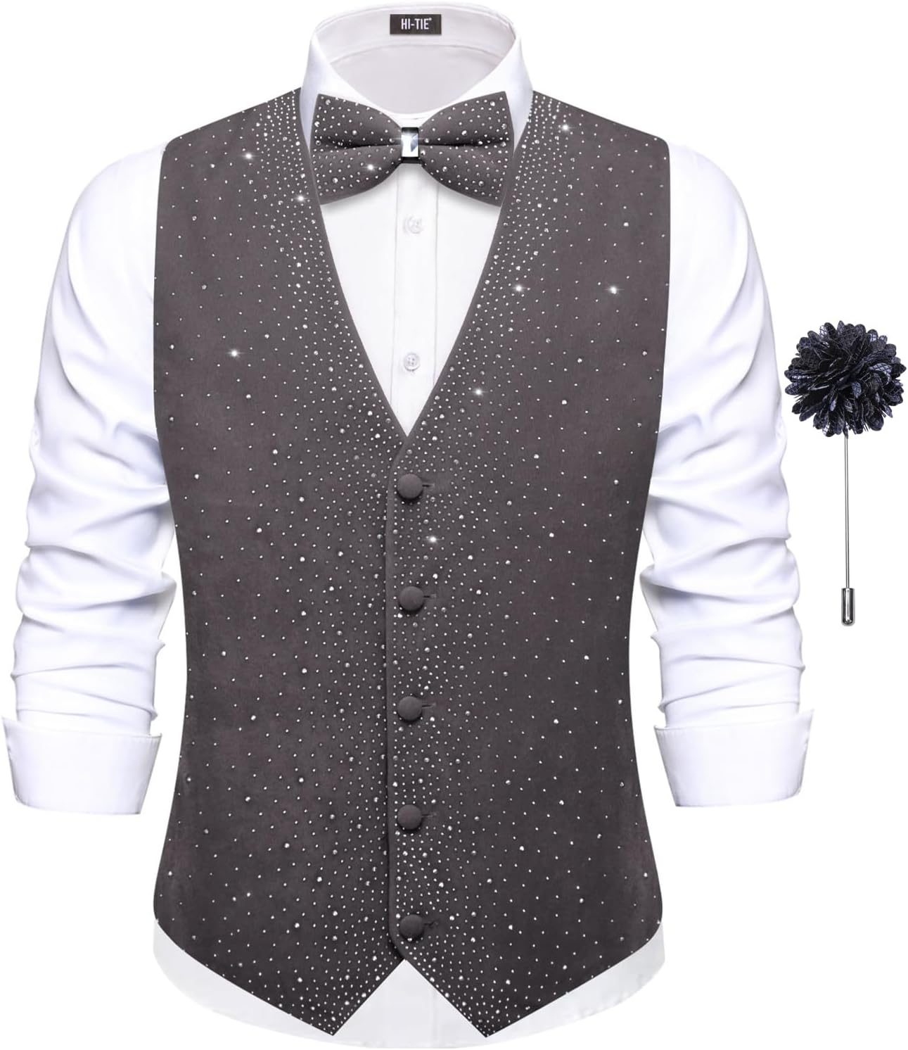 Hi-Tie Men's Sparkling Velvet Waistcoat Suit Vest and Bow Tie Set Tuxedo Vests Flower Lapel Pin for Wedding Party Performance