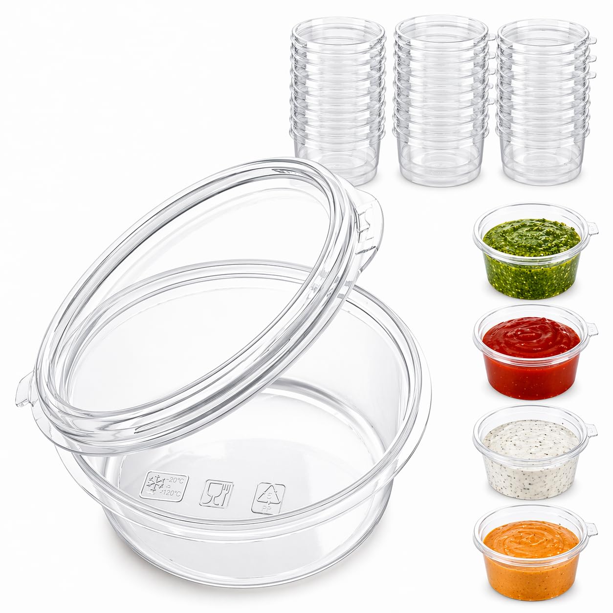 1ABOVE 100 Pack 2oz Clear Plastic Sauce Pots with Hinged Lids – Small Disposable Deli Containers for Takeaway, Chutney, Ketchup, Sauces & Dressings (2oz-100 pack)