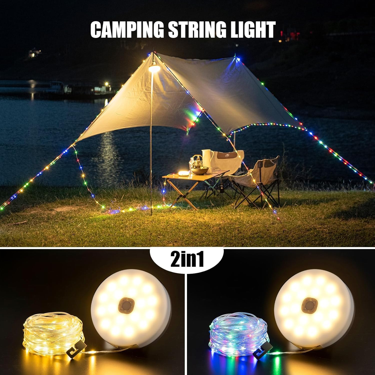 Camping-Lichterkette, 4-in-1-Camping-Lichterkette für den Außenbereich (10 m) mit 8 Beleuchtungsmodi, solarbetrieben und per USB wiederaufladbares Licht mit Fernbedienung für Camping, Hof und Wandern