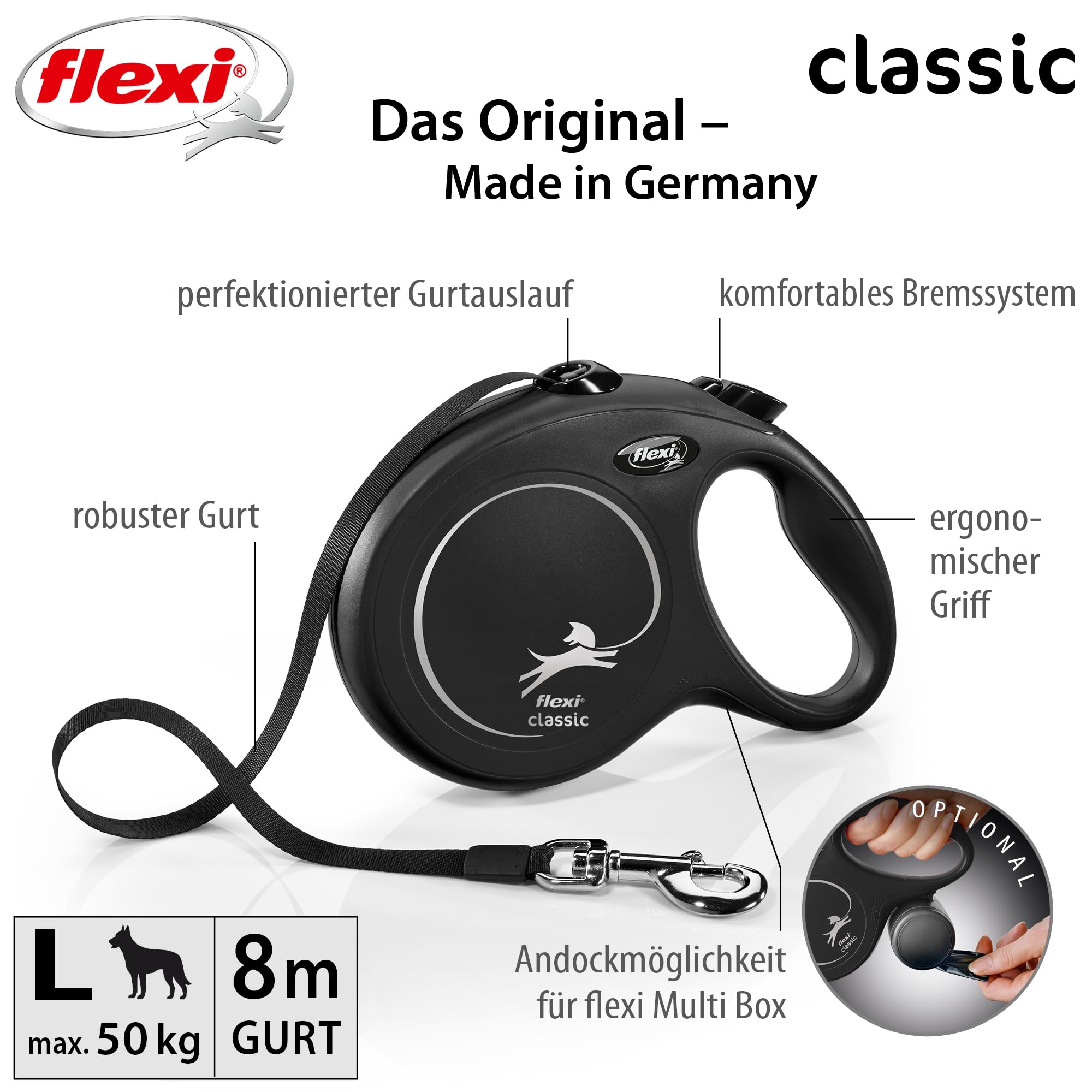 flexi® Classic L | 8m Gurt Roll-Leine für Hunde bis 50 kg | Schwarz | ausziehbare Hundeleine | Gewicht 534.3 gr | Maße 14.7 x 20.9 cm