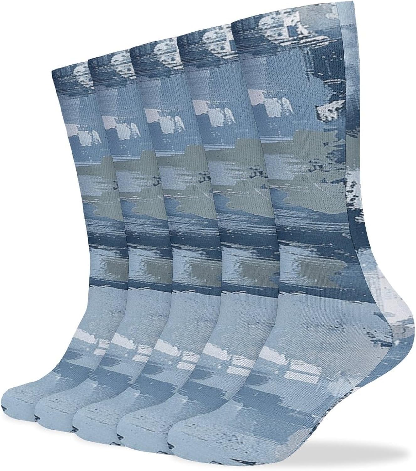 Breathable Boot Sock Blue And Gray Pattern Socks for Women Men Cotton Sock Moisture-Wicking Warm Stockings Casual Long Socks for Hiking Work Sports 5 Pairs
