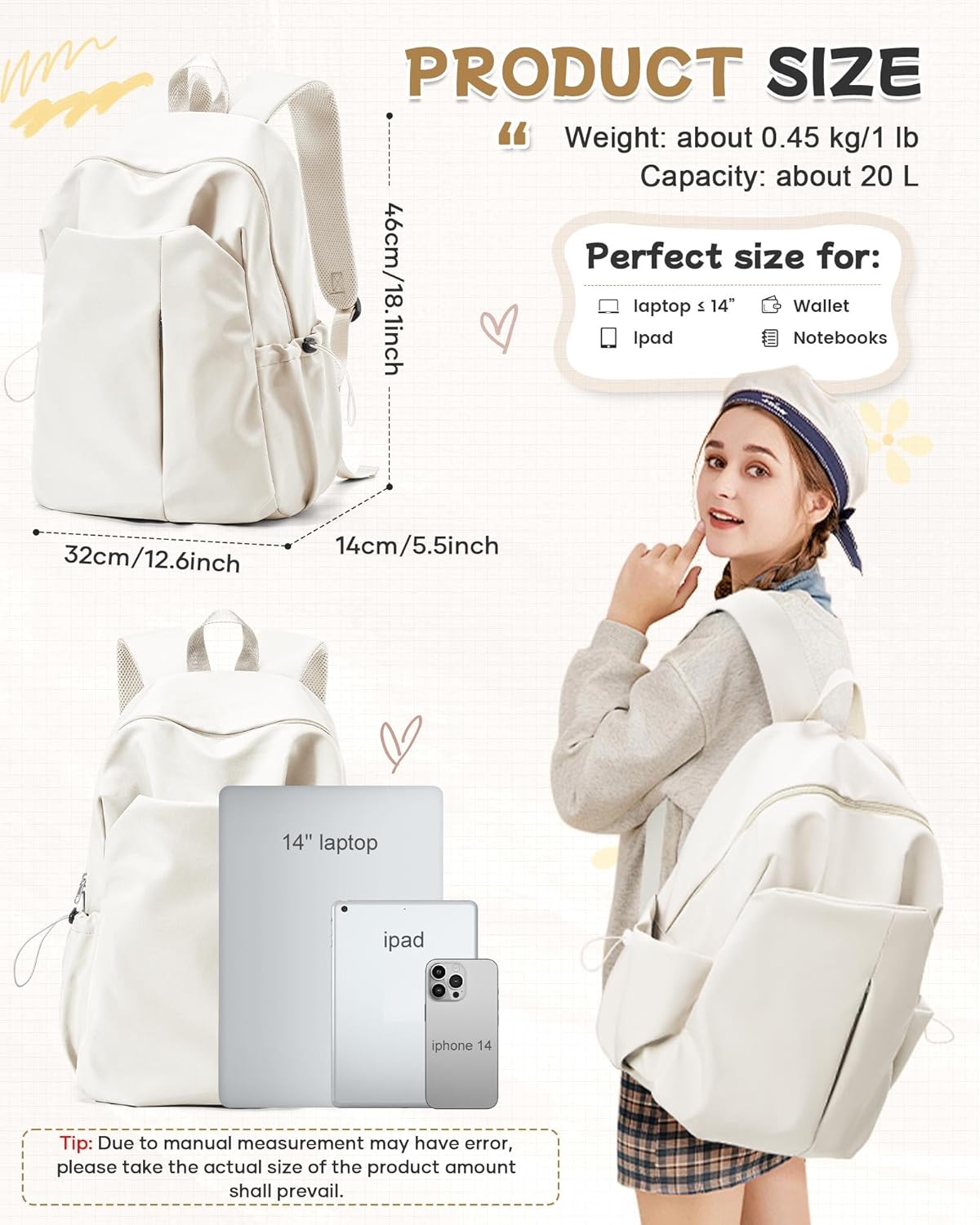 Beige School Backpack for Girls Women Waterproof High School Book Bag Cute Backpack for Men Teens Boys, Lightweight Simple Middle School Back Pack Daypack - Image 3