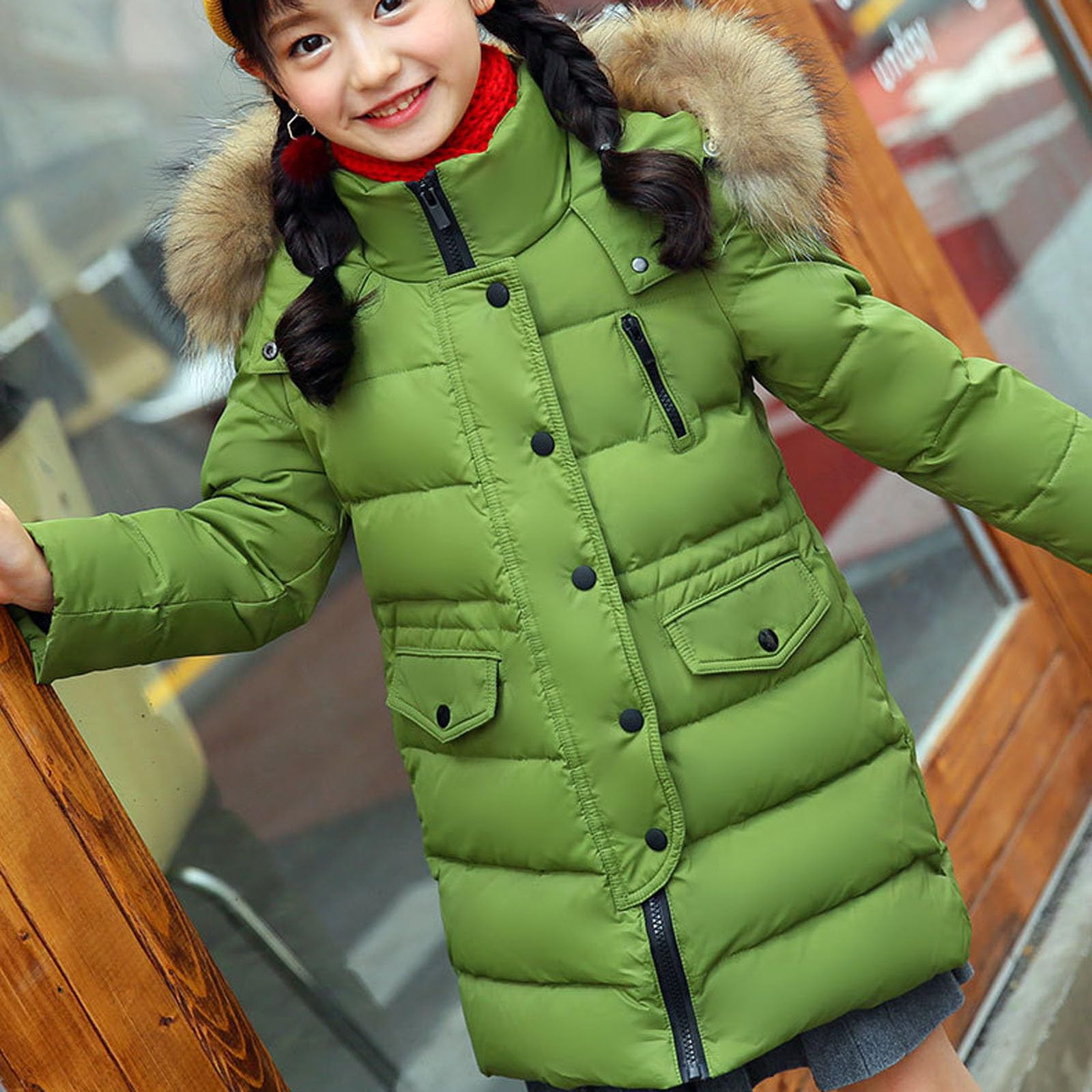 Chaquetas de plumón para niñas, abrigos acolchados gruesos con capucha de piel sintética, resistente al viento, con cremallera, abrigos acolchados versátiles de longitud media para niños de 2