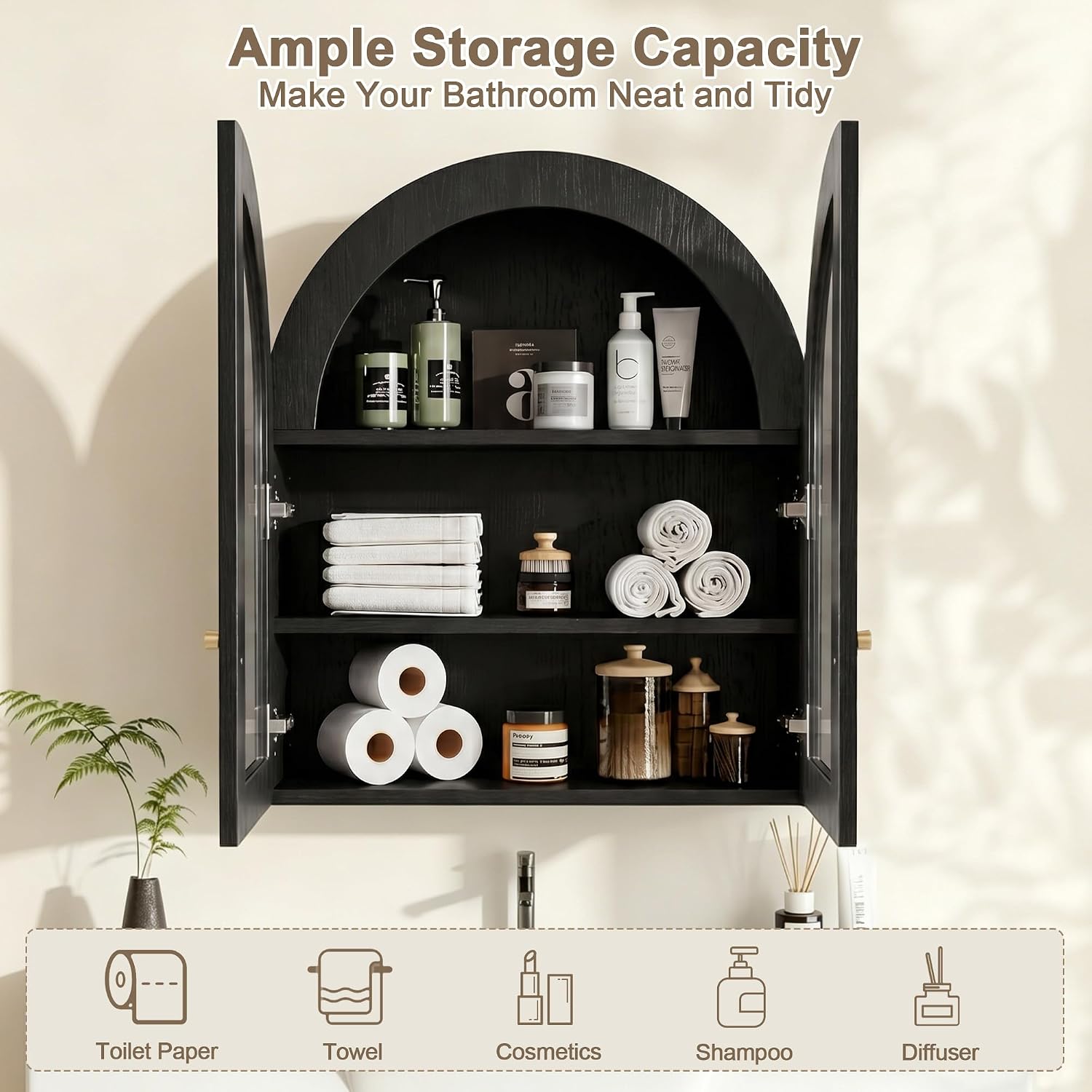 Arched Wall Cabinet, Bathroom Cabinet Wall Mount with Glass Doors & Adjustable Shelf, Floating Medicine Cabinet for Bathroom, Kitchen, Living Room Storage, Black